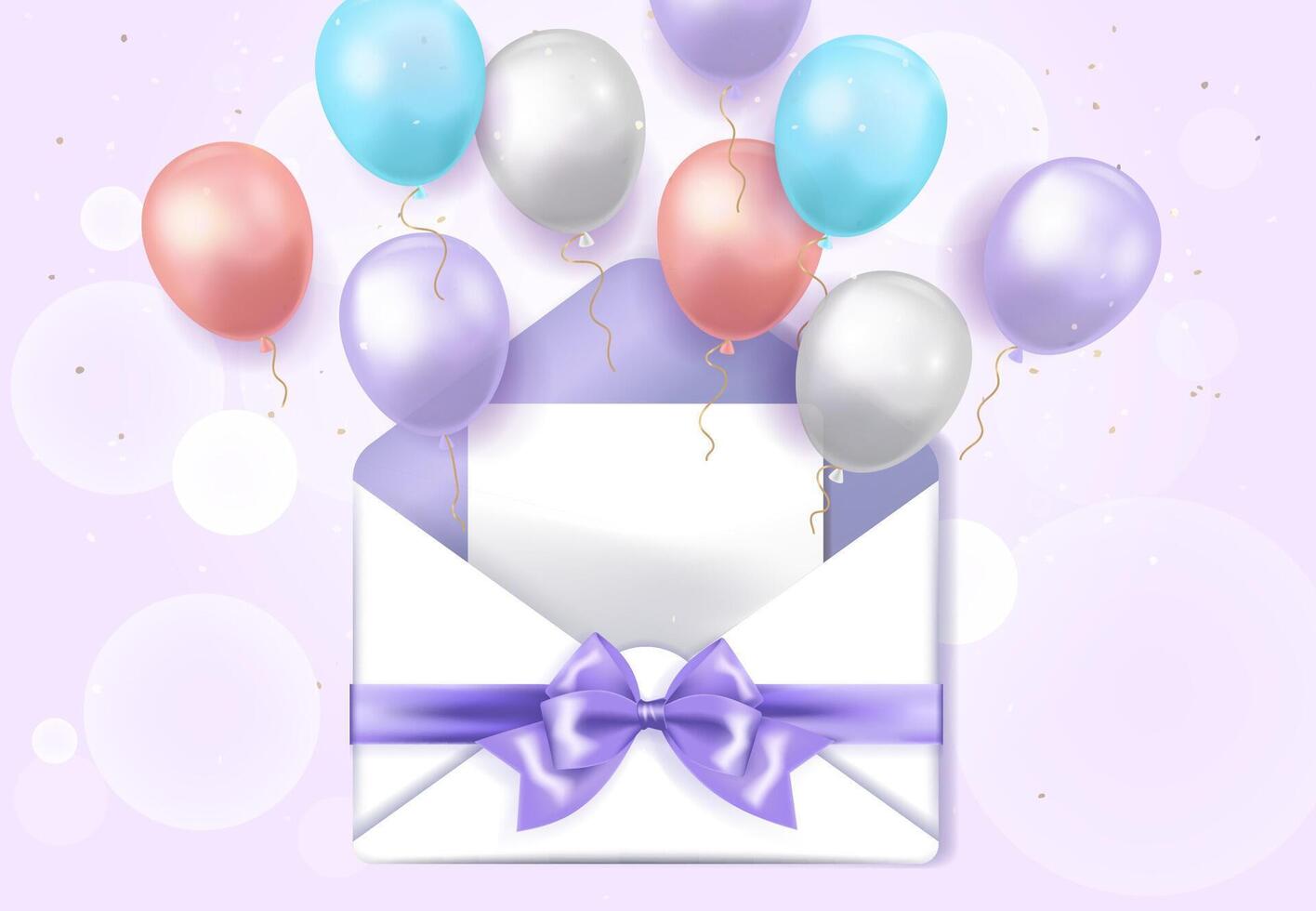 Open envelope with blank card and balloons flying out, suitable for greeting cards, birthdays, sales, light purple background vector