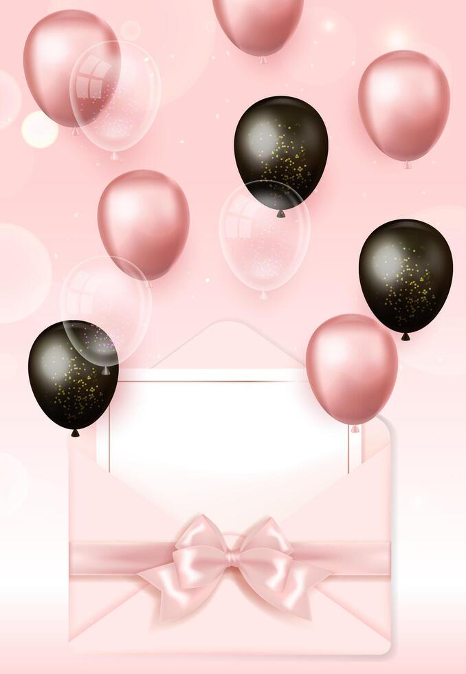 Open pink envelope with blank card and flying black, pink and transparent balloons on pink background vector