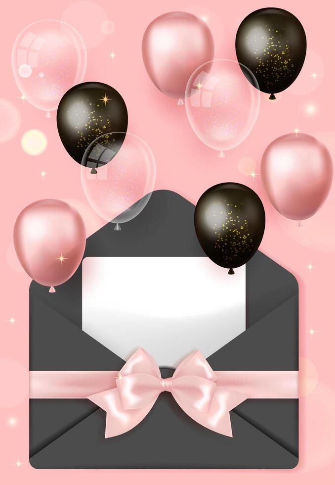 Open black envelope with blank card and flying black, pink and transparent balloons on pink background vector