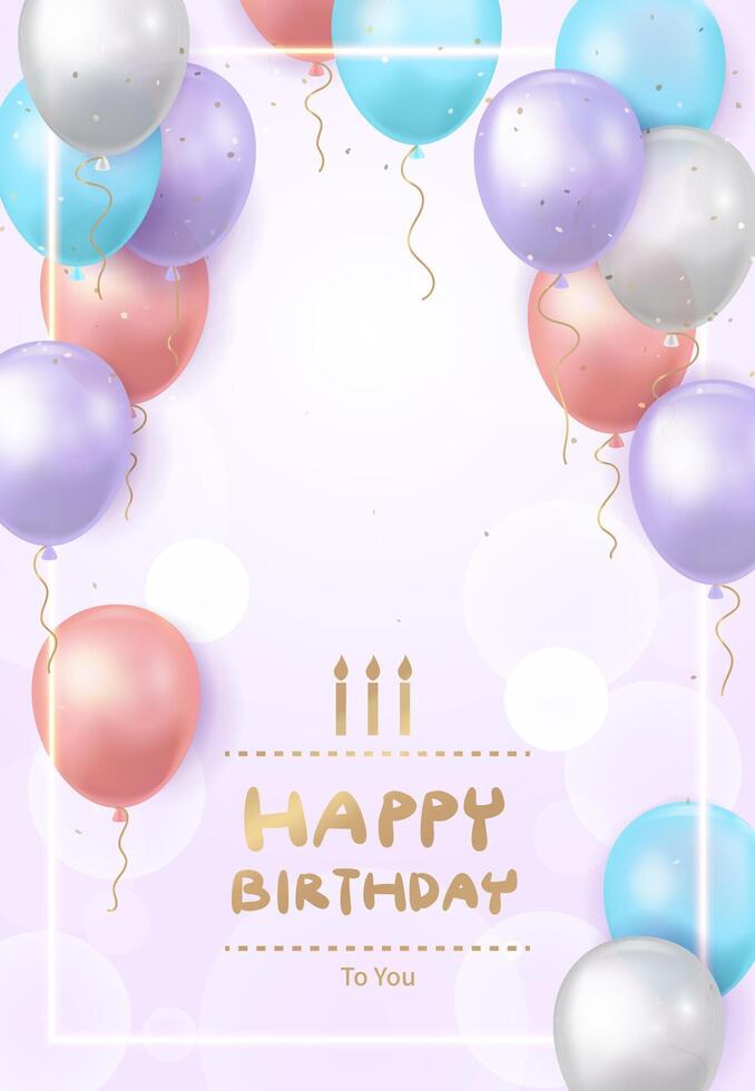 Light purple background with golden Happy Birthday greeting and many colorful balloons flying , upright vector