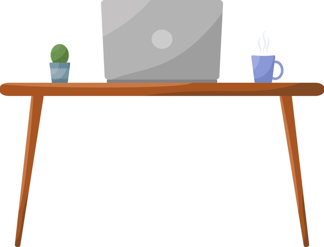 A laptop is on a wooden desk. A cup of coffee is on the desk next to the laptop vector