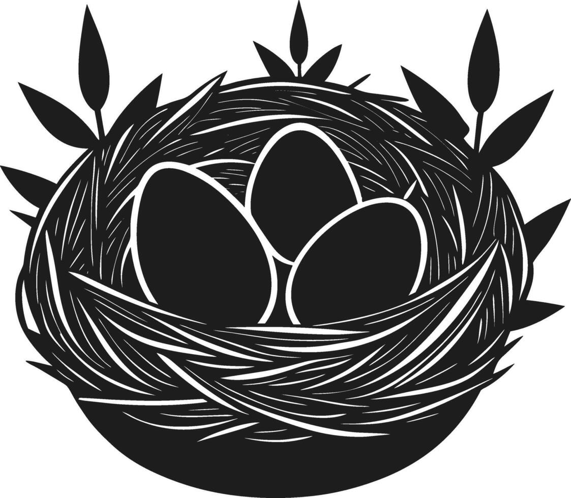Elegant Bird Nest with Eggs and Leaves - Black Silhouette vector