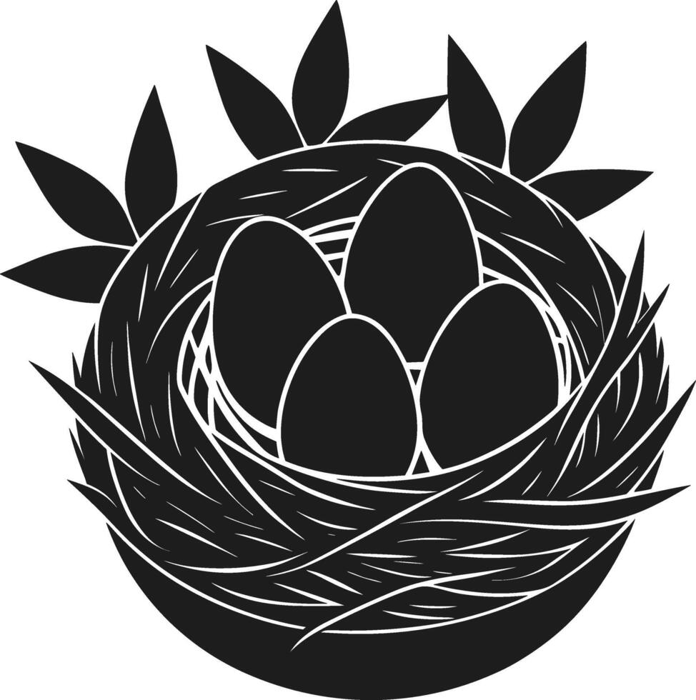 Elegant Black Silhouette Bird Nest with Four Eggs and Leaves - Nature Spring vector