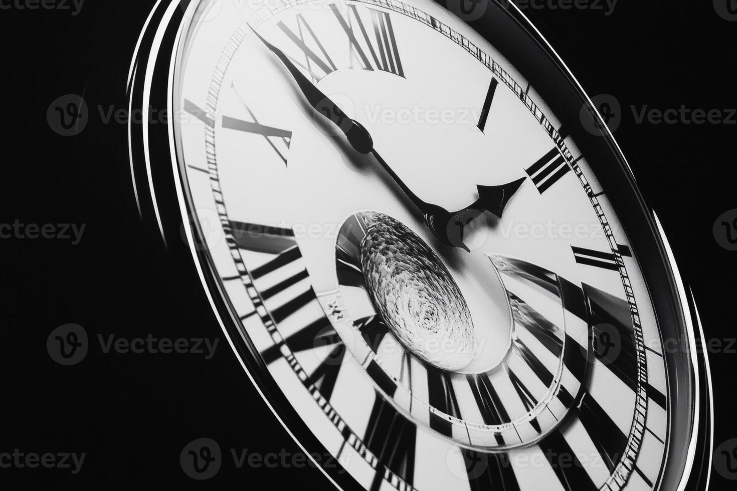 A black and white photo of a clock with roman numerals