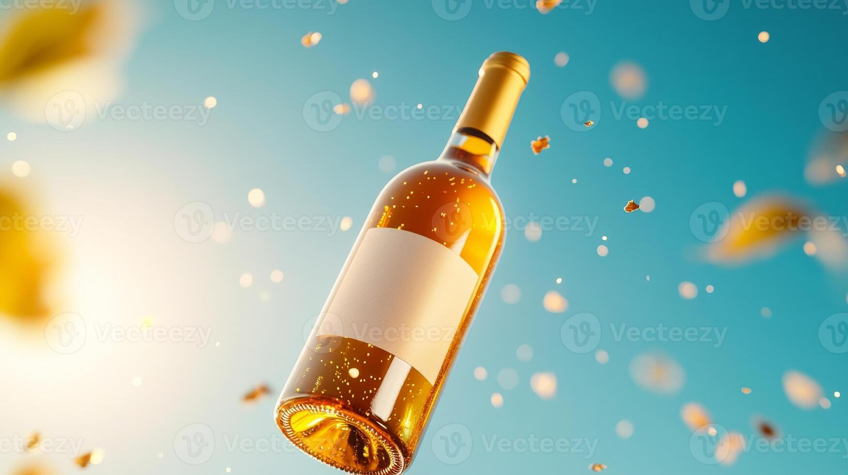 Wine bottle with empty label on blue background 3d rendering photo