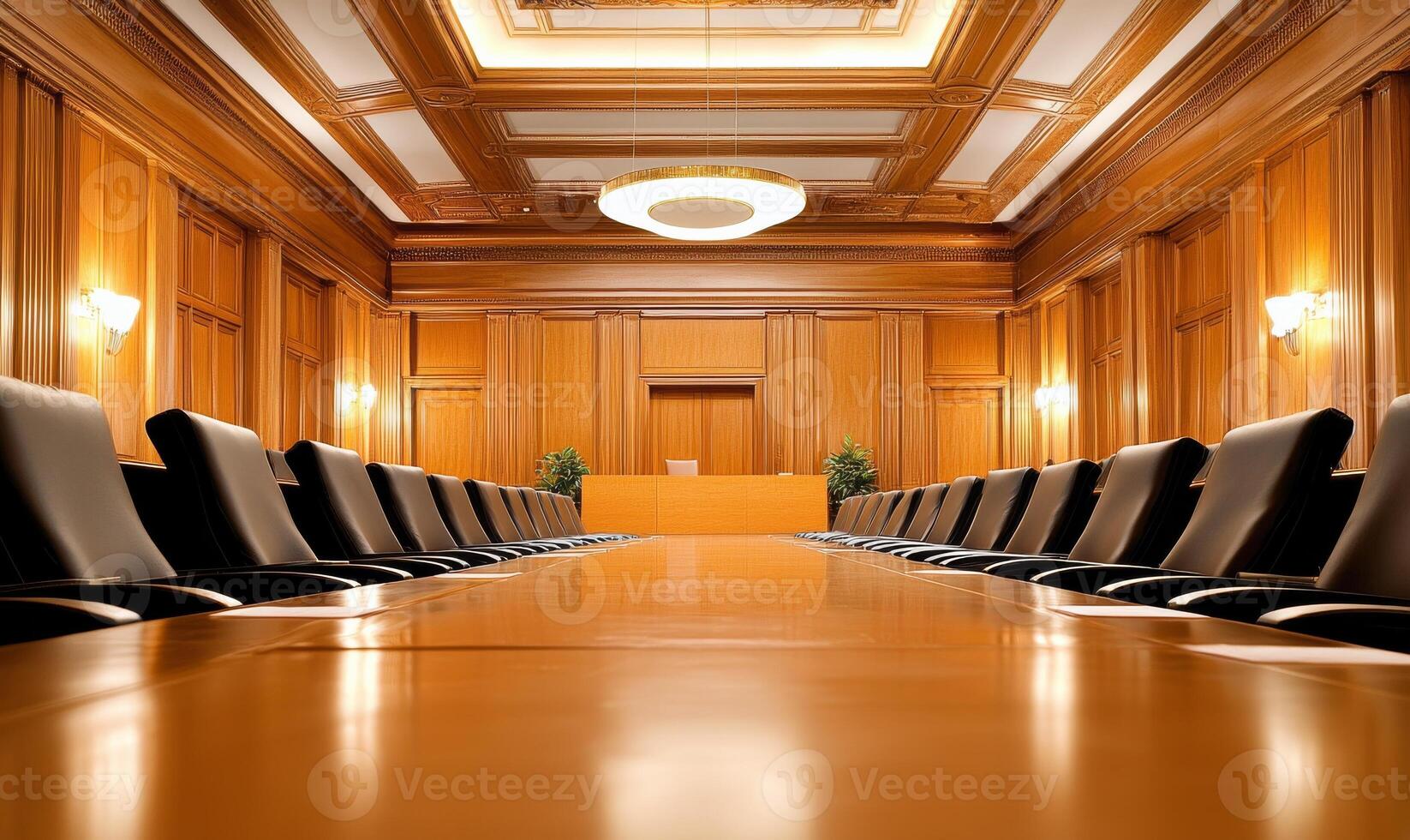 A long wooden table in a courtroom with black chairs photo