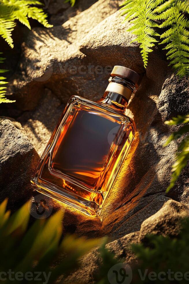 A bottle of whiskey sitting on a rock photo