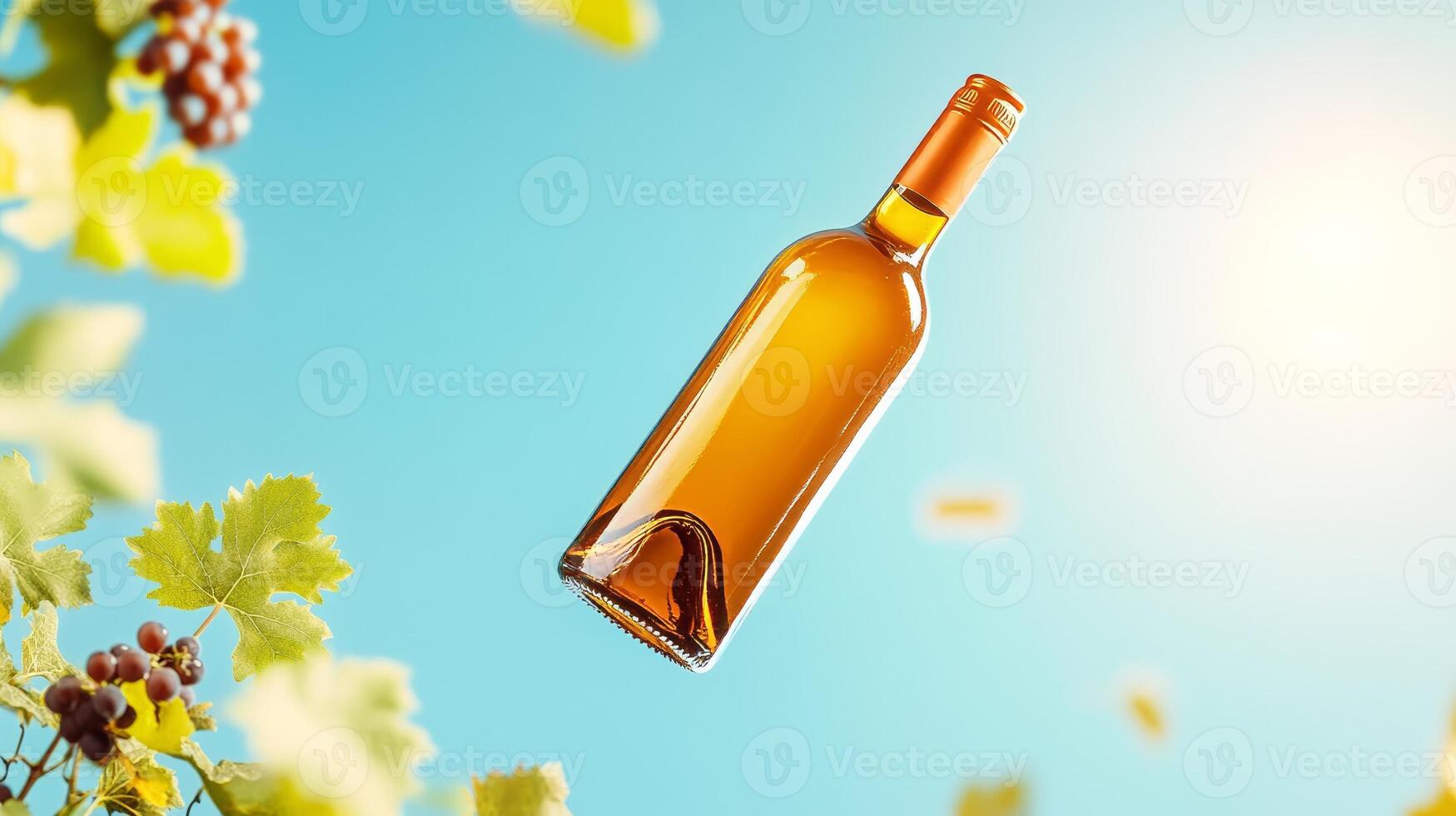 A wine bottle floating in the air with grapes photo