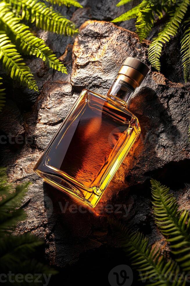 A bottle of whiskey on a rock photo