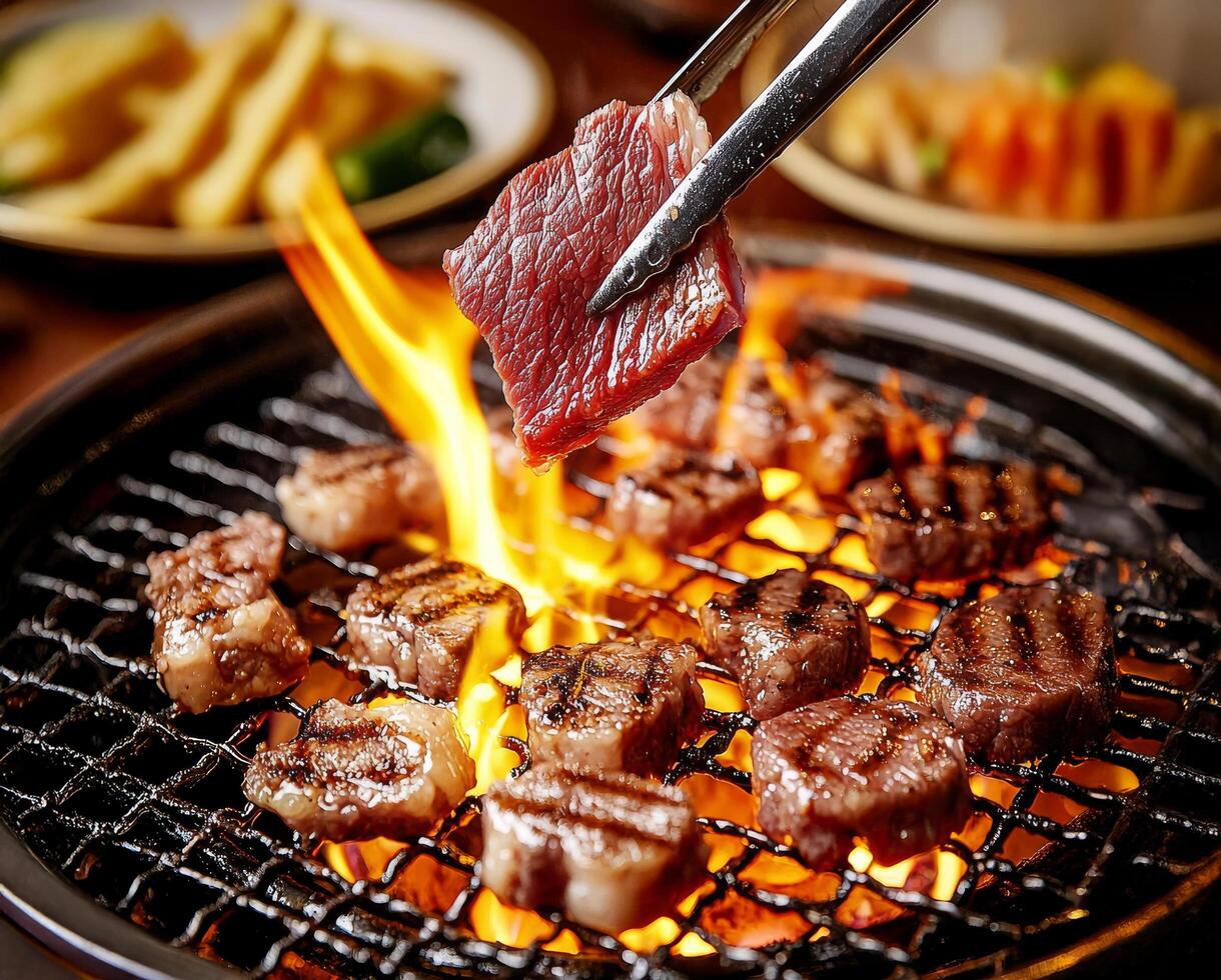 A grill with meat being cooked on it photo