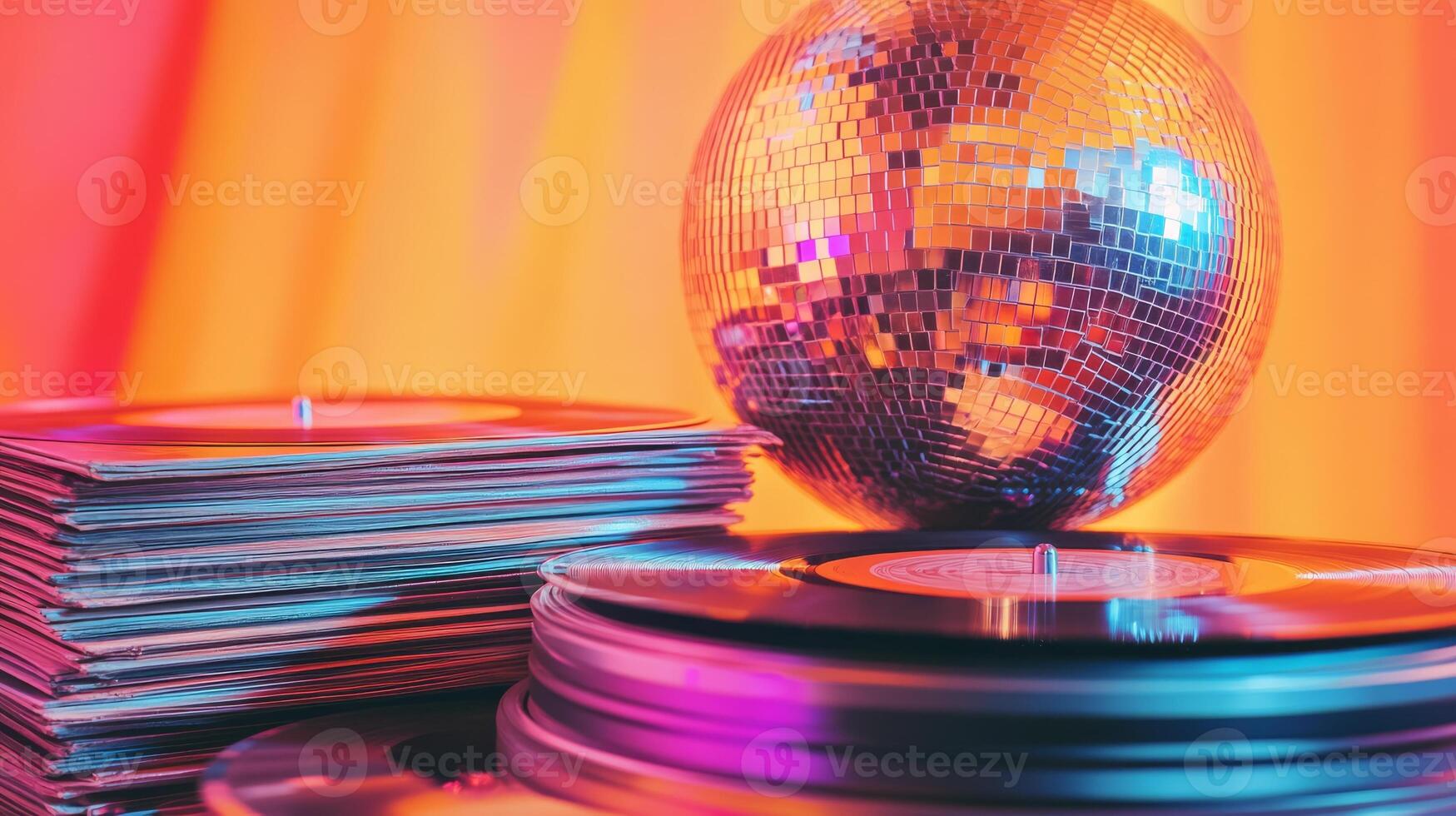 A disco ball and a stack of records photo
