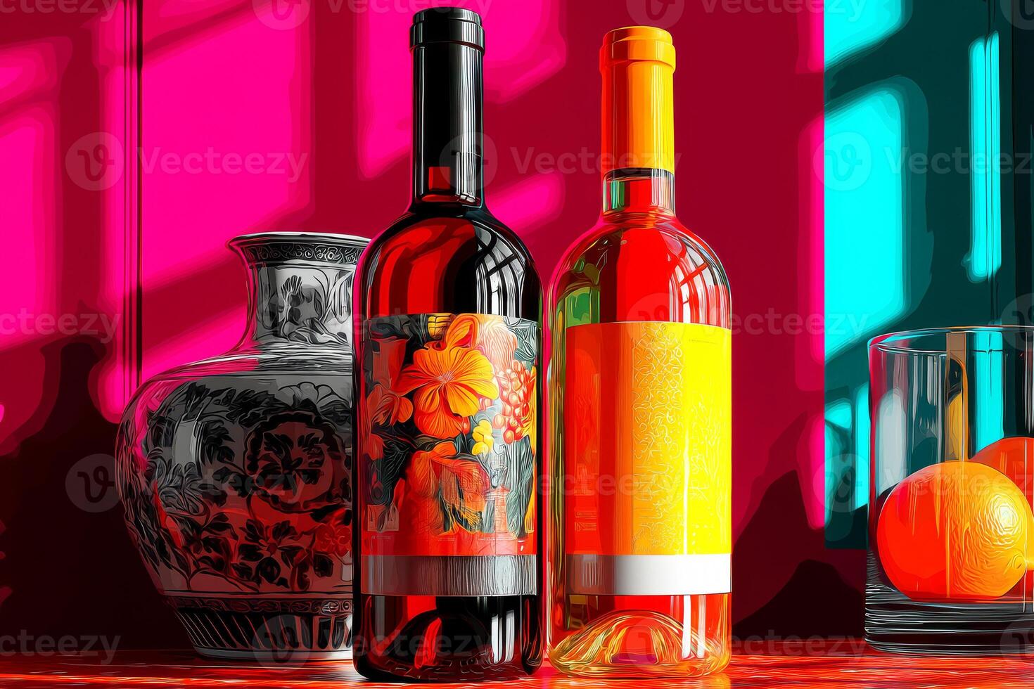 A table with two wine bottles and a vase photo