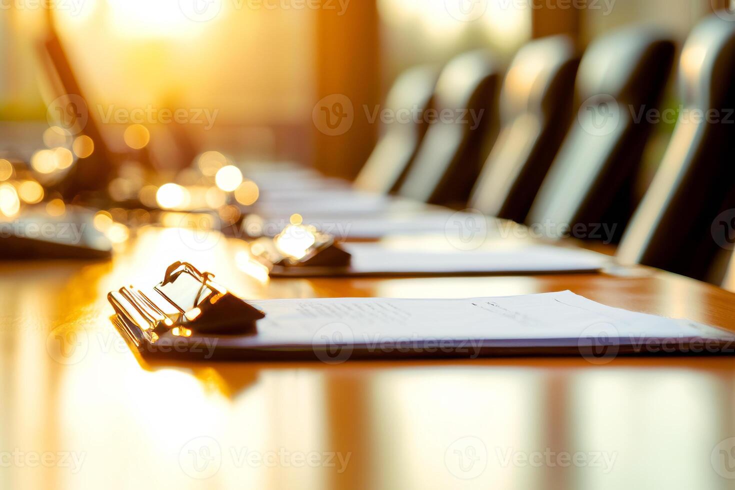 A conference table with a laptop and a pen on it photo