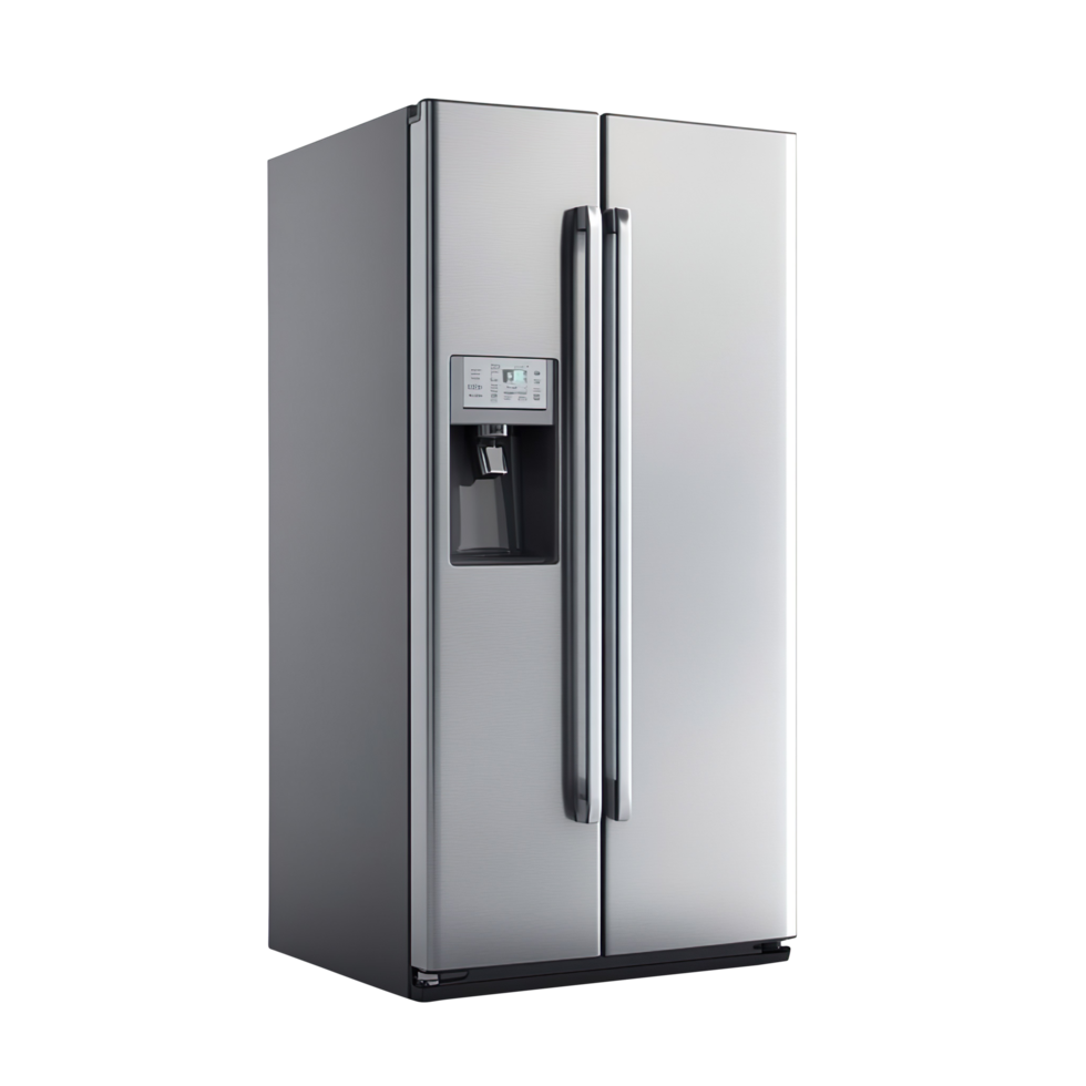 A silver refrigerator with a door and a water dispenser isolated on transparent background png