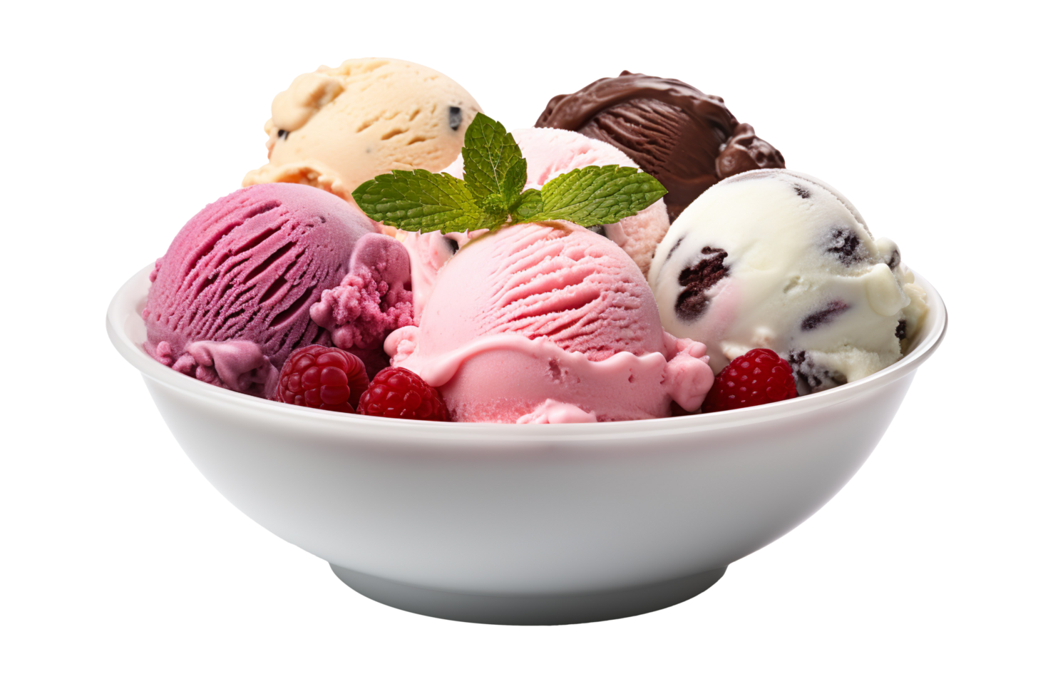 Assorted ice Cream In a white Bowl isolated on transparent background png