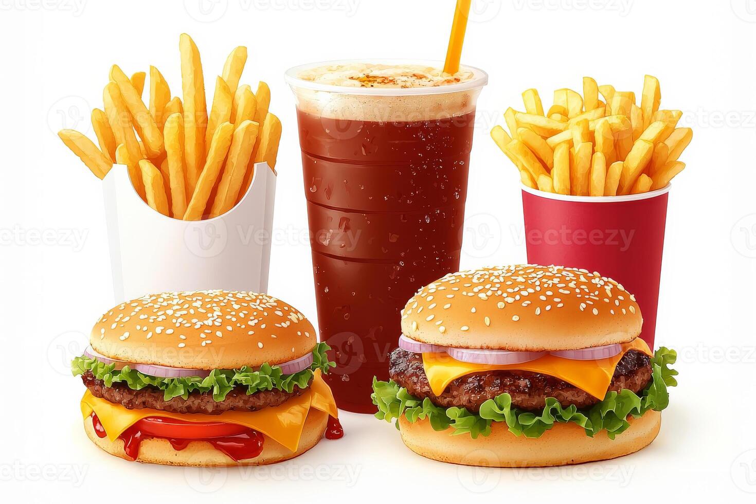 Fast food hamburger, french fries and soda on white background photo