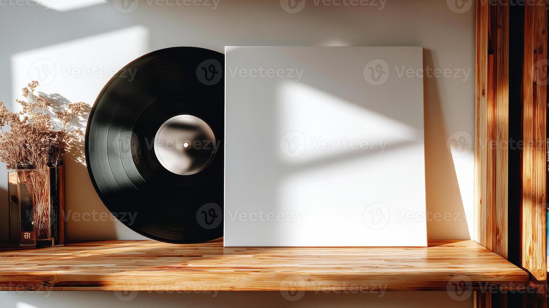 Vinyl record on a shelf with a blank sheet of paper photo
