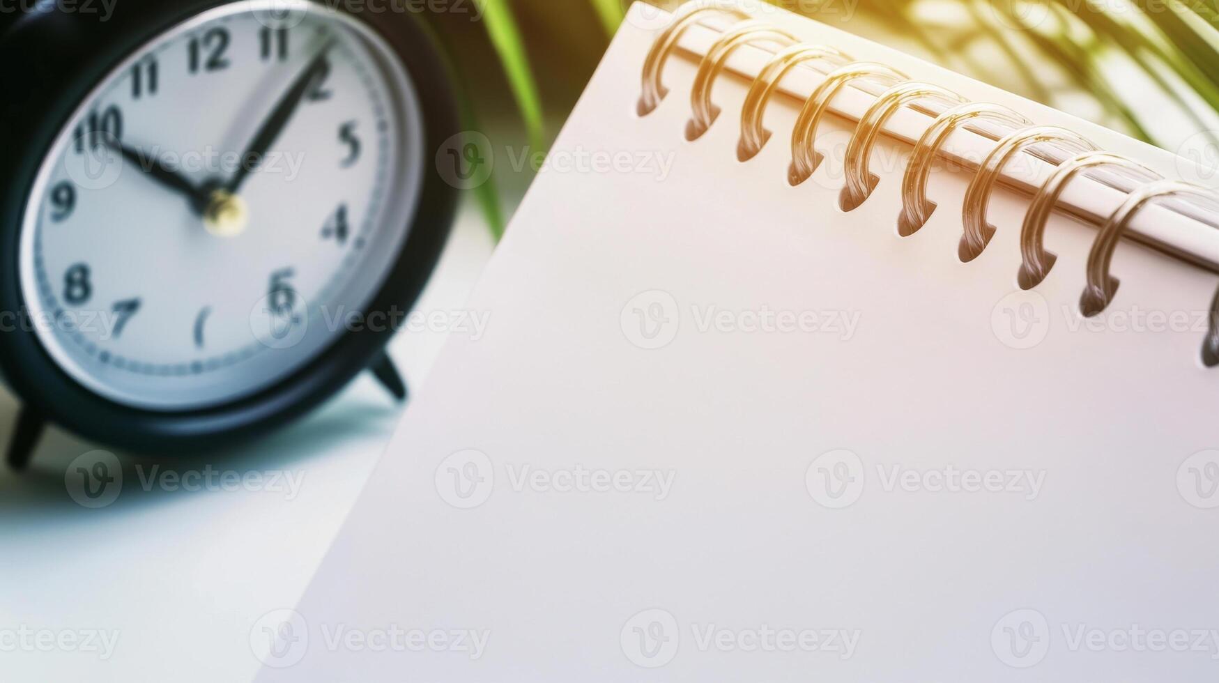 Notebook with blank paper and alarm clock on white background photo