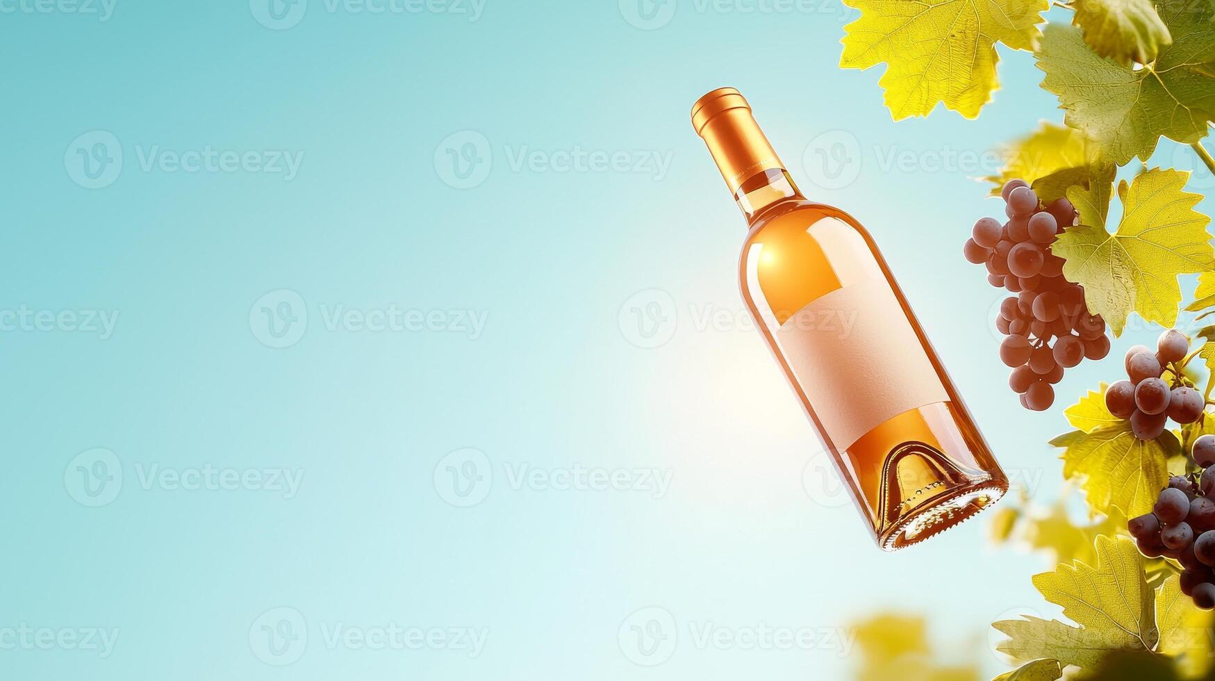 A bottle of wine is hanging from a vine photo