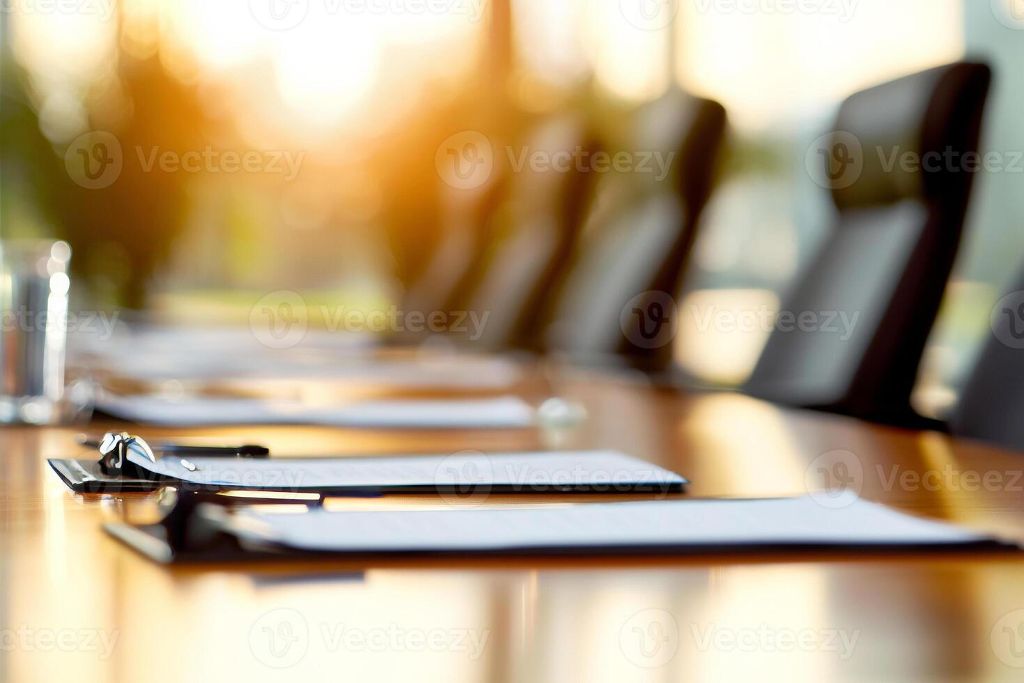 A conference table with a glass of water and a pen photo
