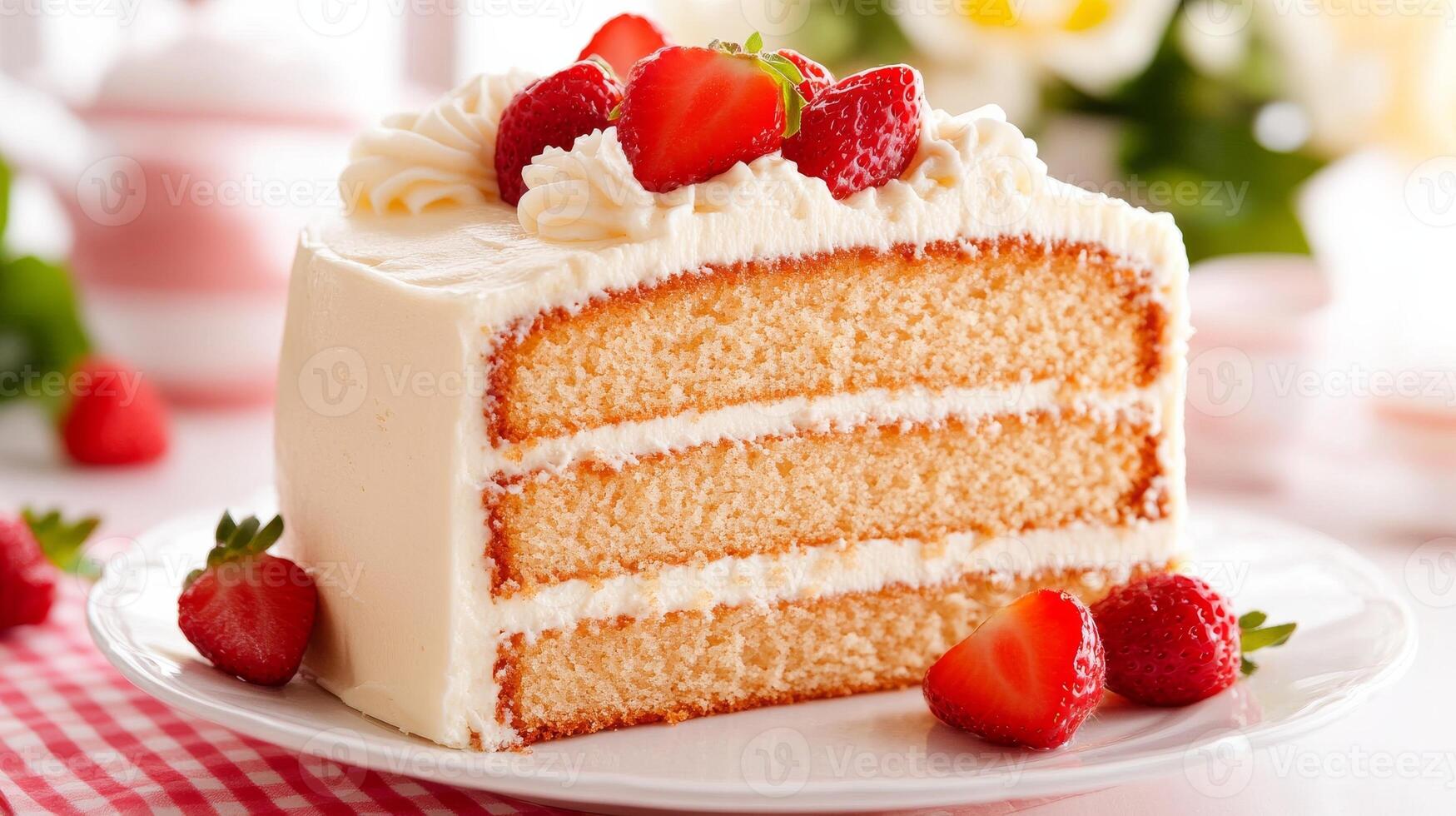A slice of cake with strawberries on top photo