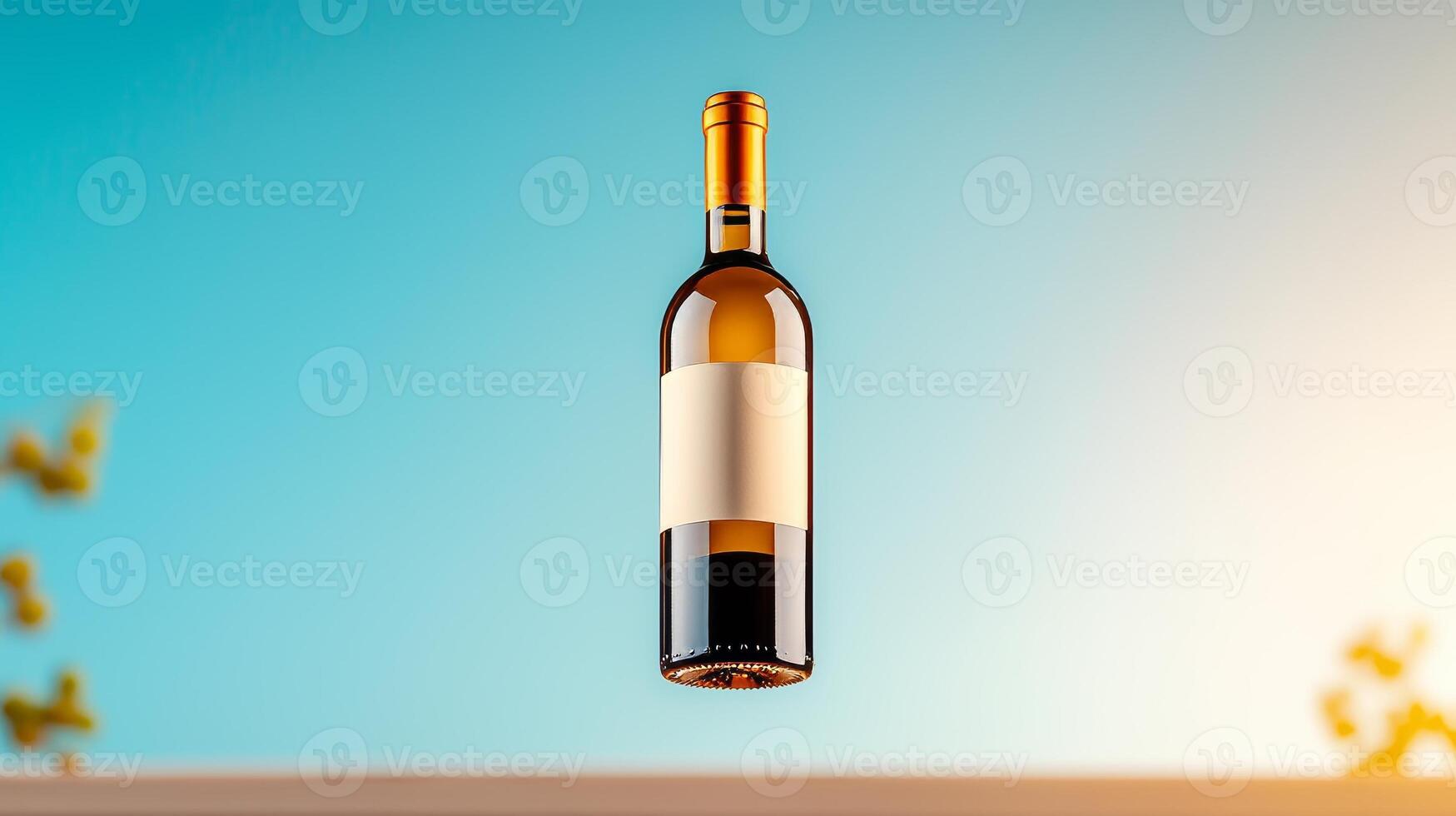 A wine bottle floating in the air with a blue sky photo