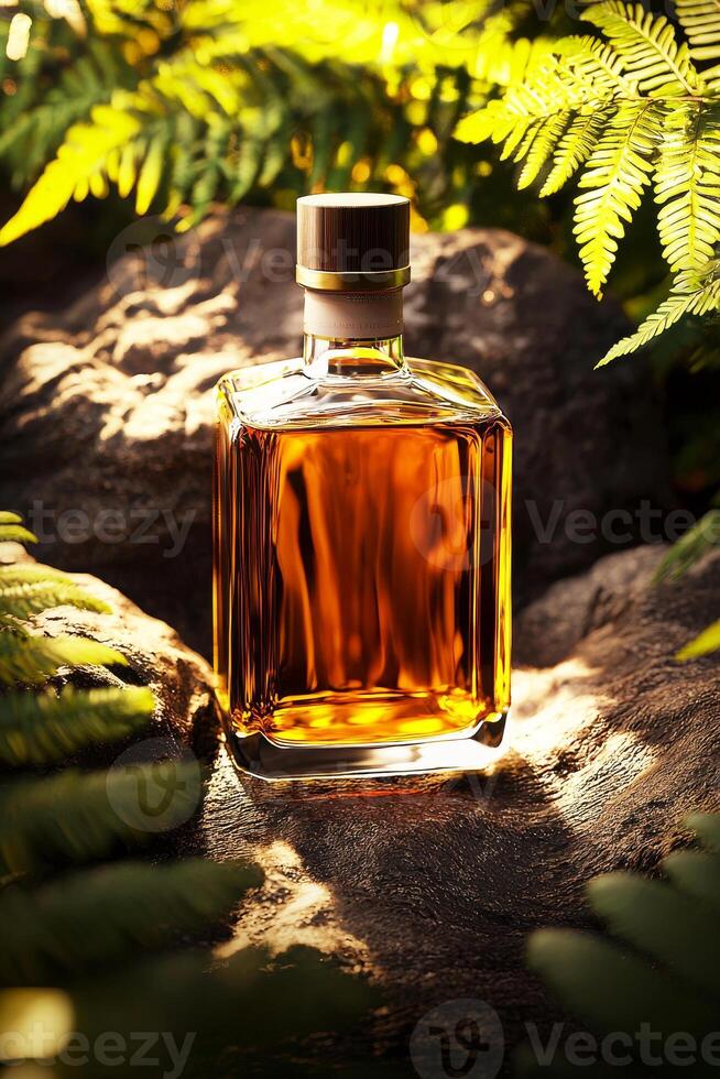 A bottle of liquor sitting on a rock photo