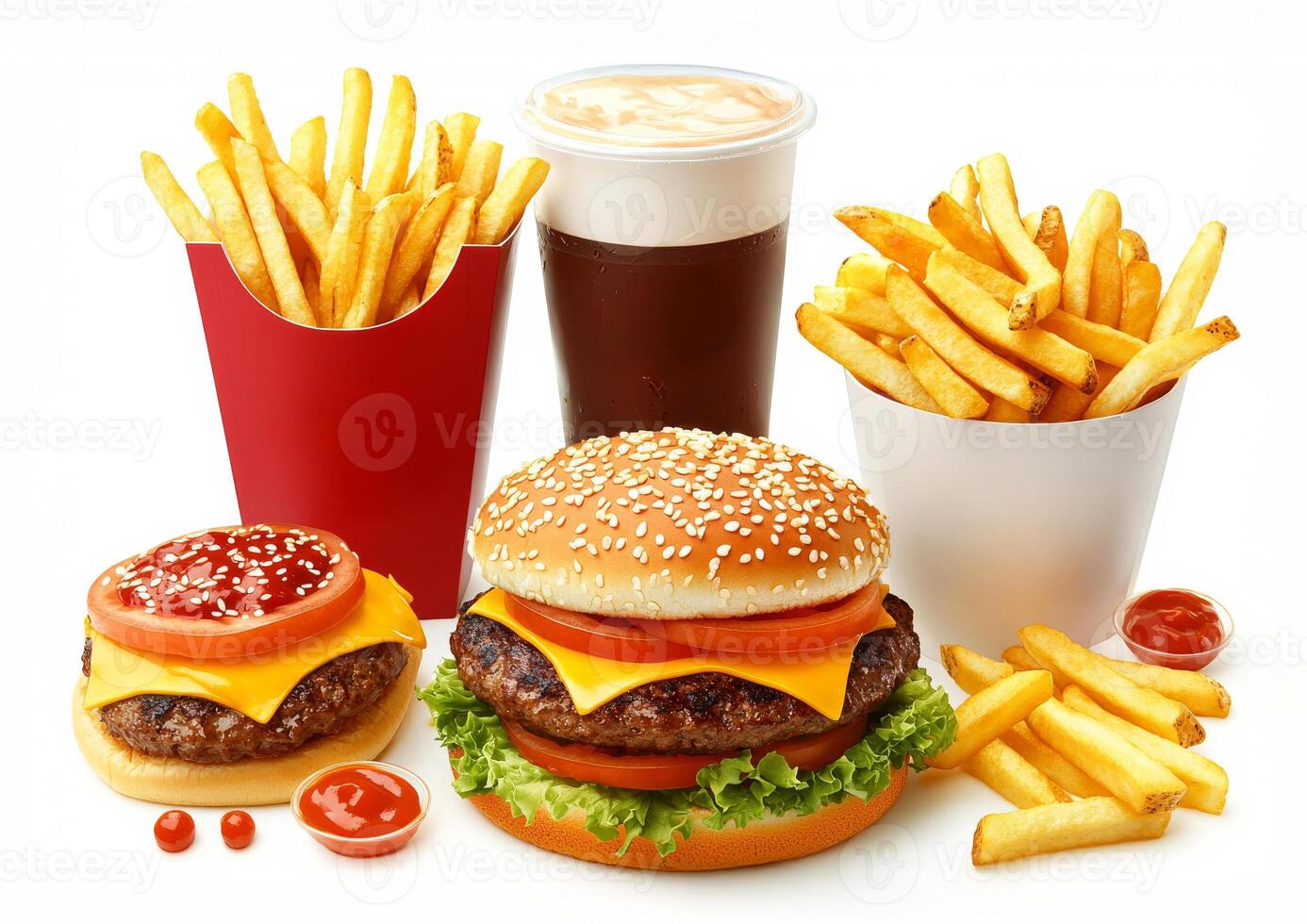 A hamburger, fries and a drink are arranged on a white background photo