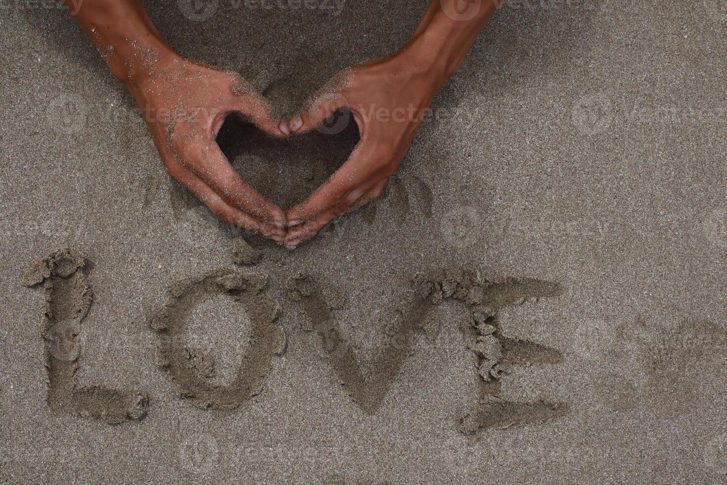 Hands creating a heart shape above the word LOVE written on the beach sand photo