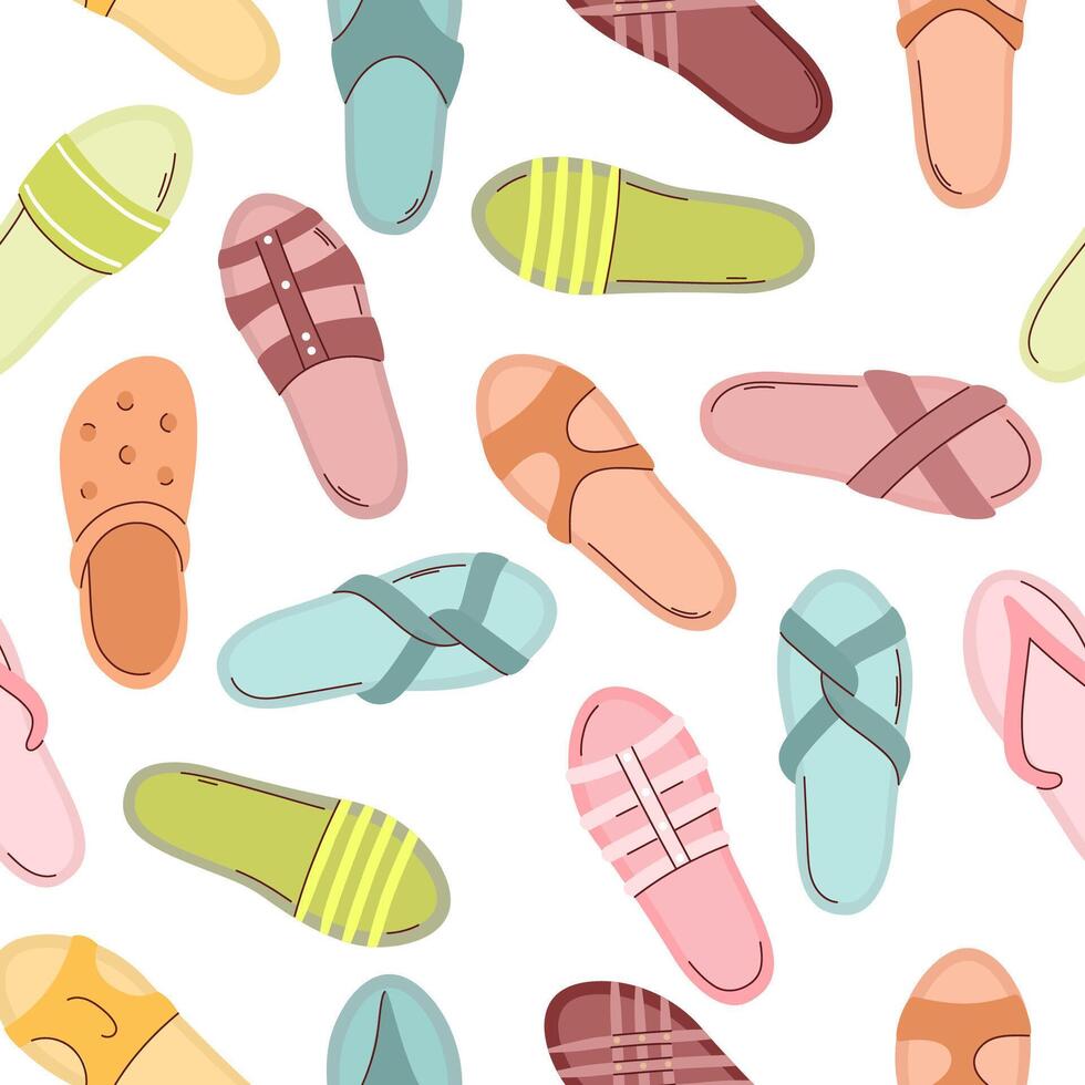 Colorful seamless pattern with Beach sandals on a white background. Includes multiple designs and colors, perfect for textile or graphic design. vector