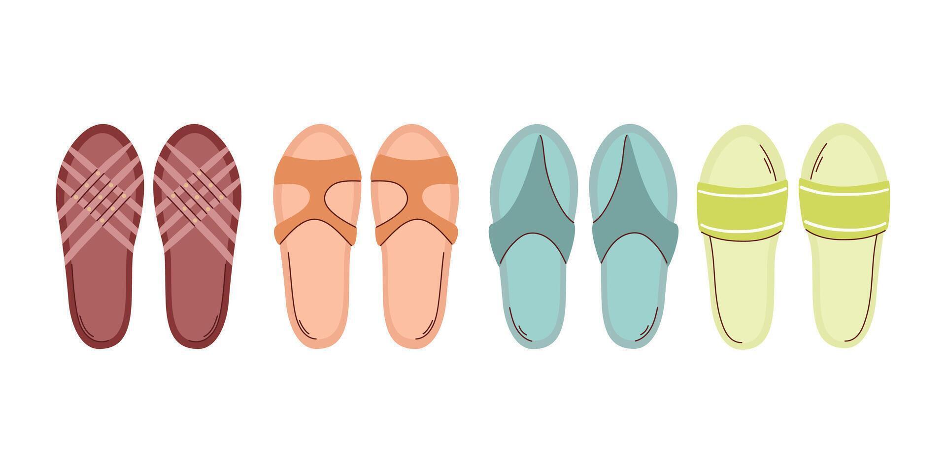 Collection of colorful summer sandals lined up in a row, featuring different styles and colors against a white background. vector