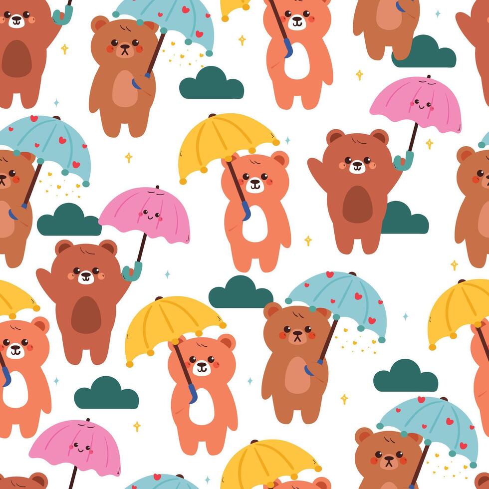 seamless pattern cute cartoon bear with umbrella and sky element. cute pattern for wallpaper, background vector