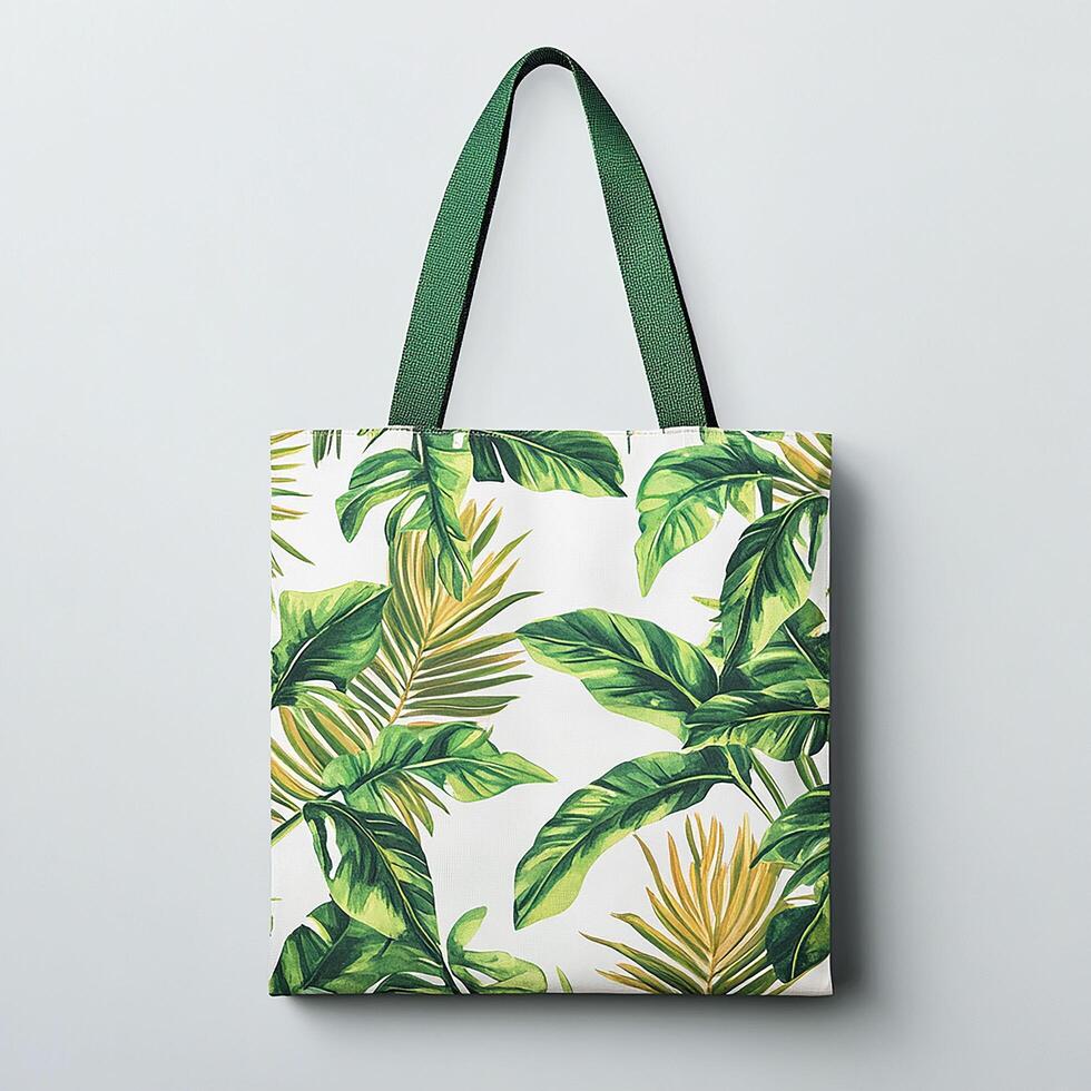 Tropical Leaf Print Tote Bag on white background photo
