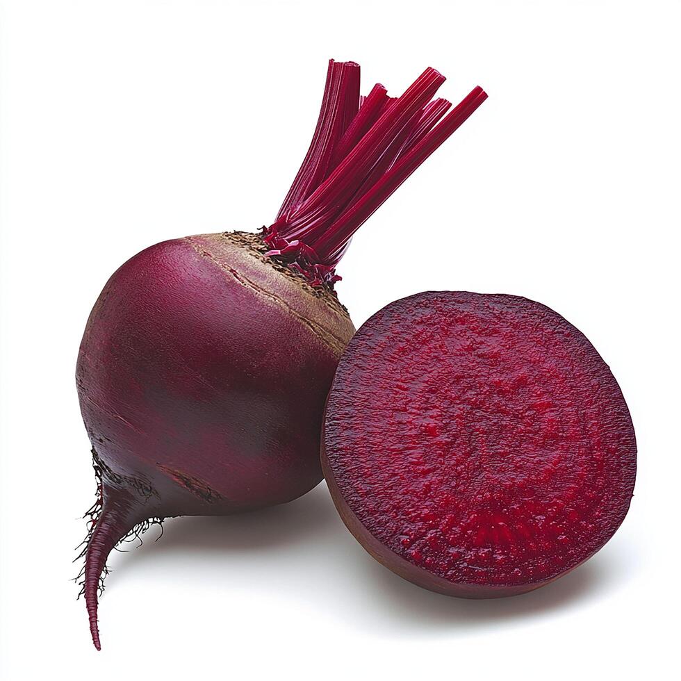 Closeup of a fresh beetroot and its cut side on white background photo