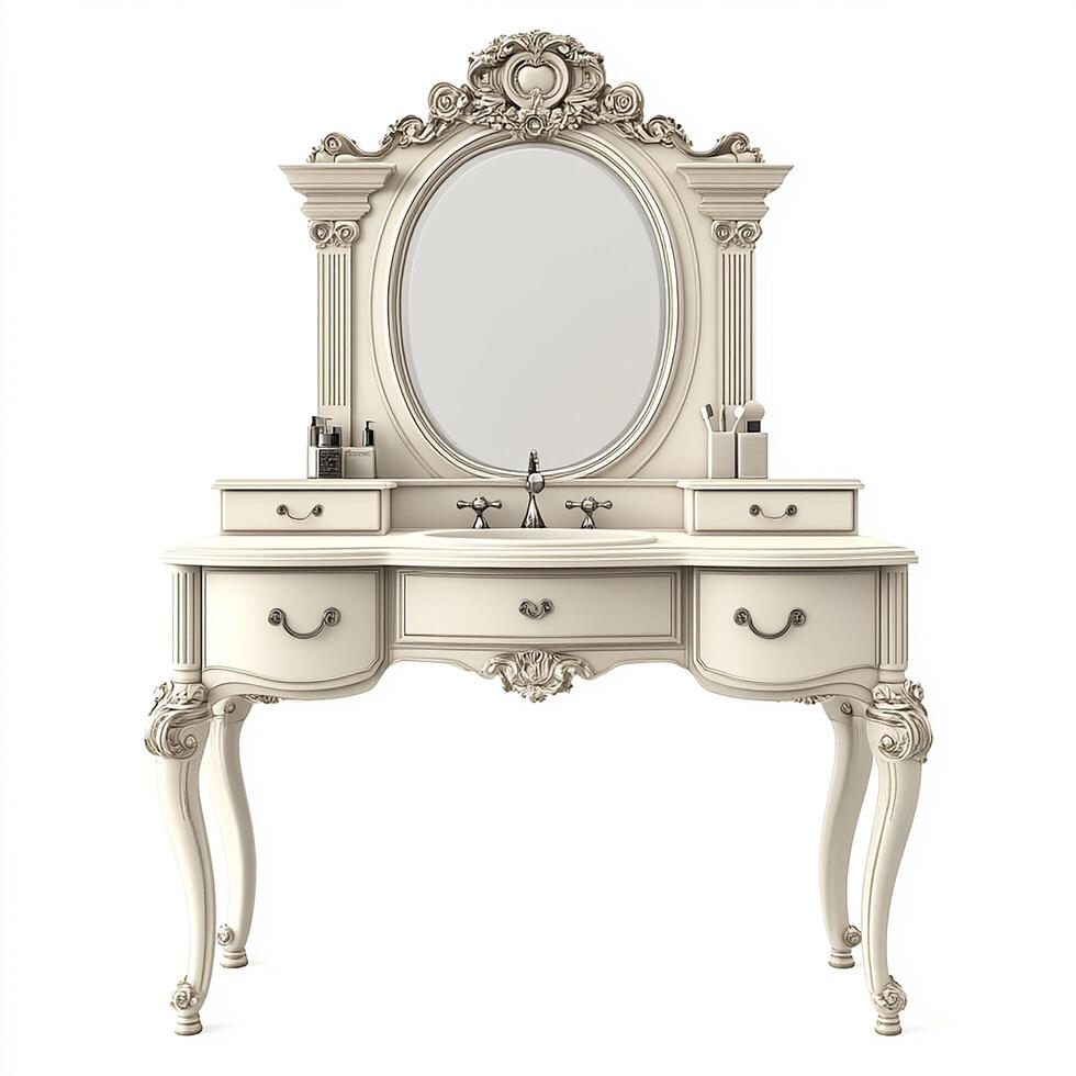 Elegant White Vanity with Oval Mirror on white background photo
