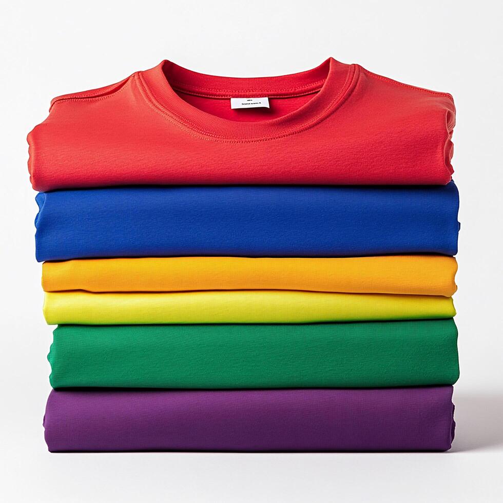 A stack of colorful sweatshirts isolated on a white background photo