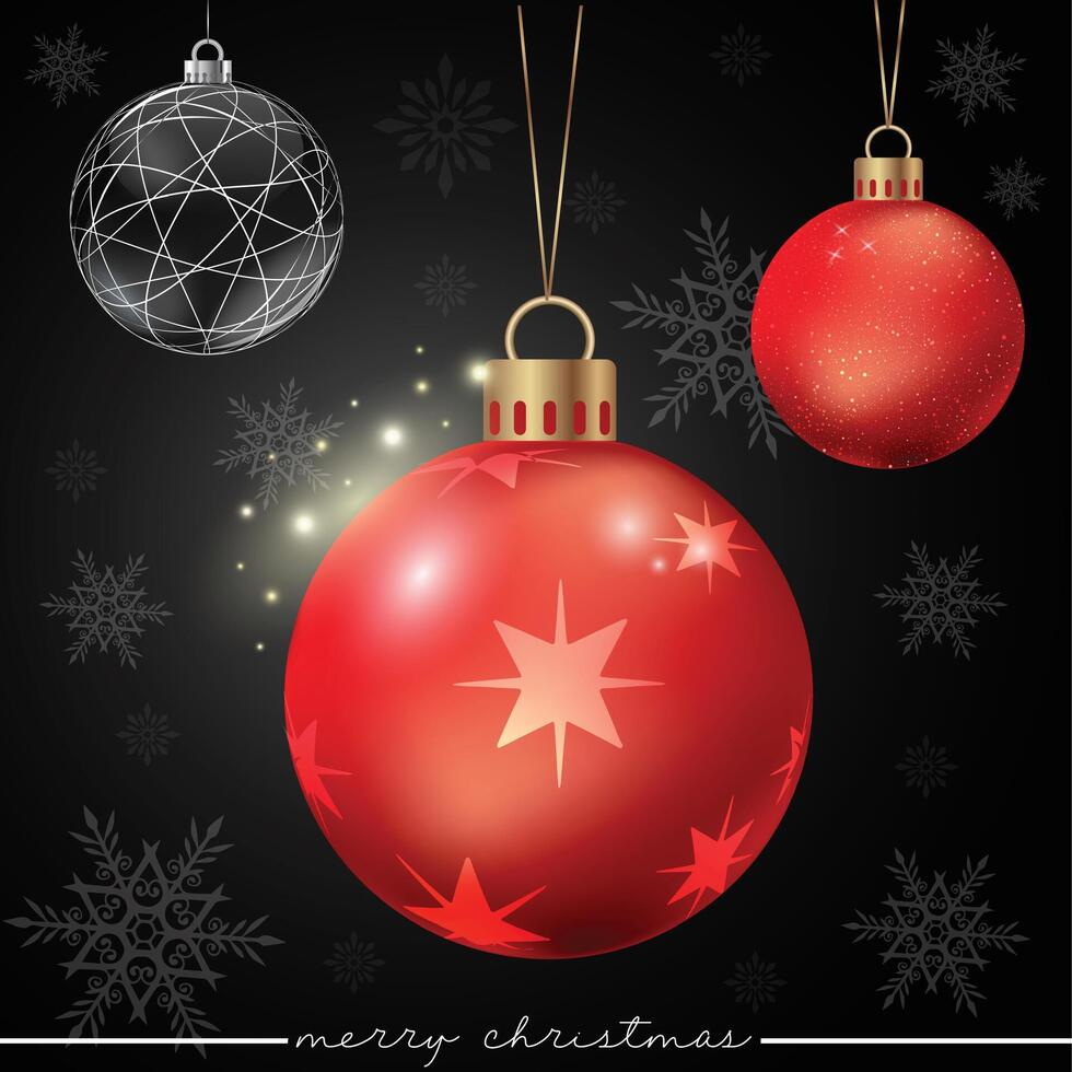 A red sparkling Christmas ornament featuring a star pattern design on a festive background decorated with falling snowflakes. vector