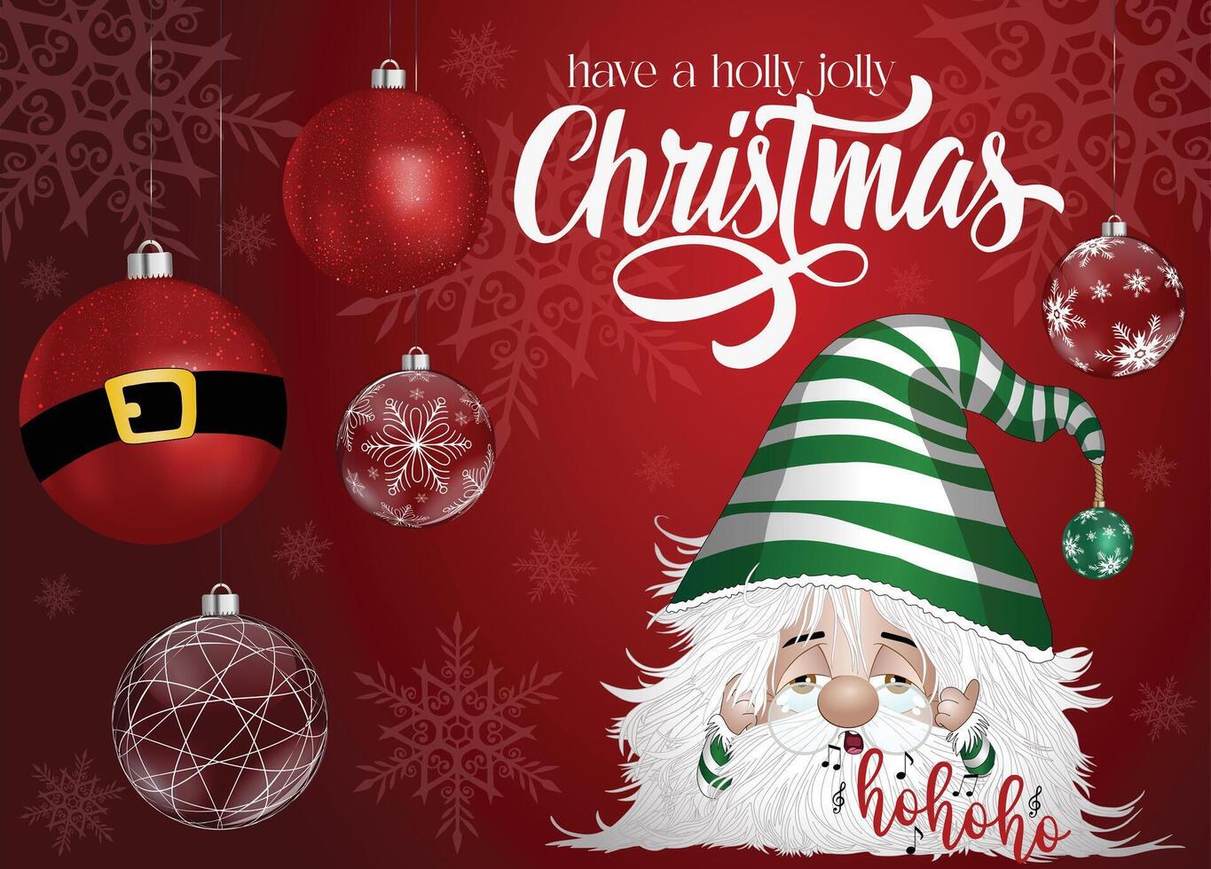 A Christmas greeting card displaying a festive figure in a green striped hat. vector