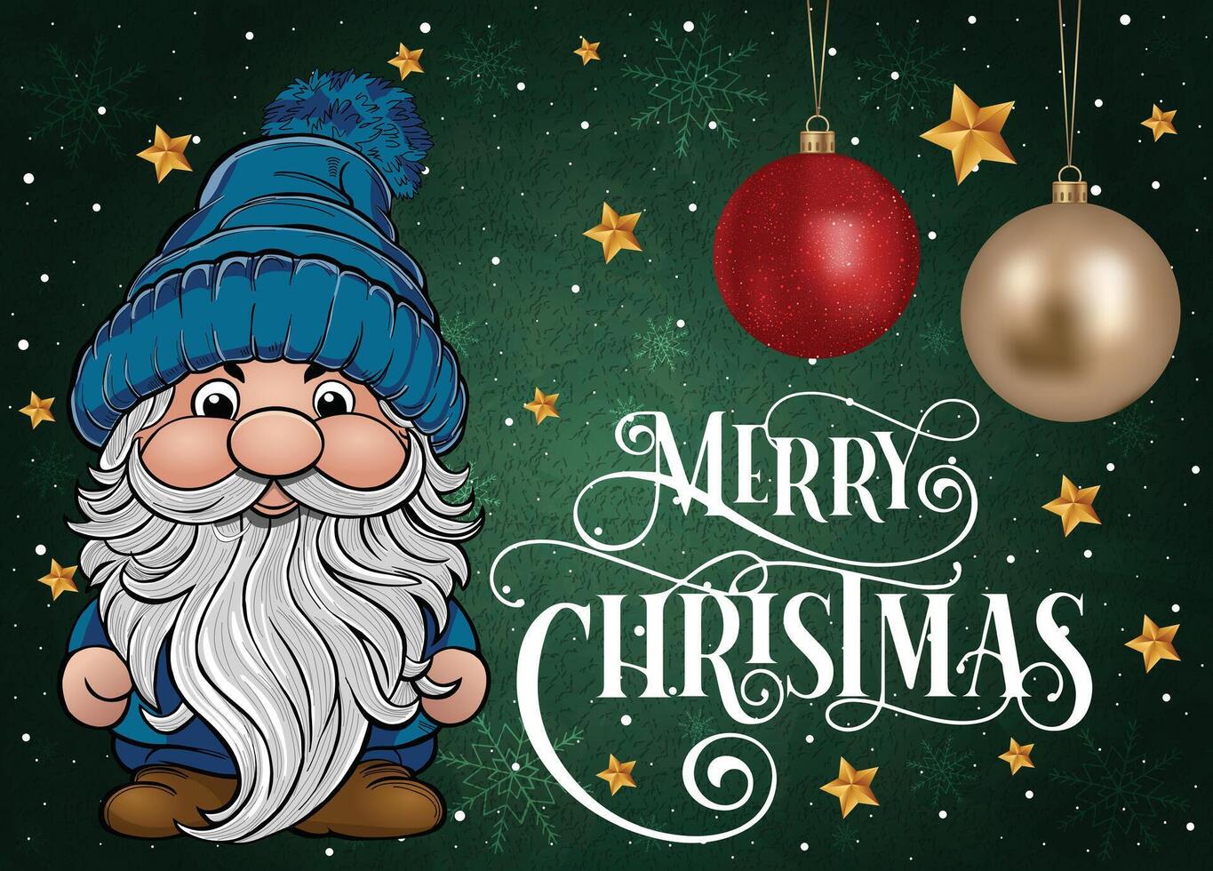 A festive green backdrop featuring a gnome dressed in blue with a Merry Christmas greeting. vector