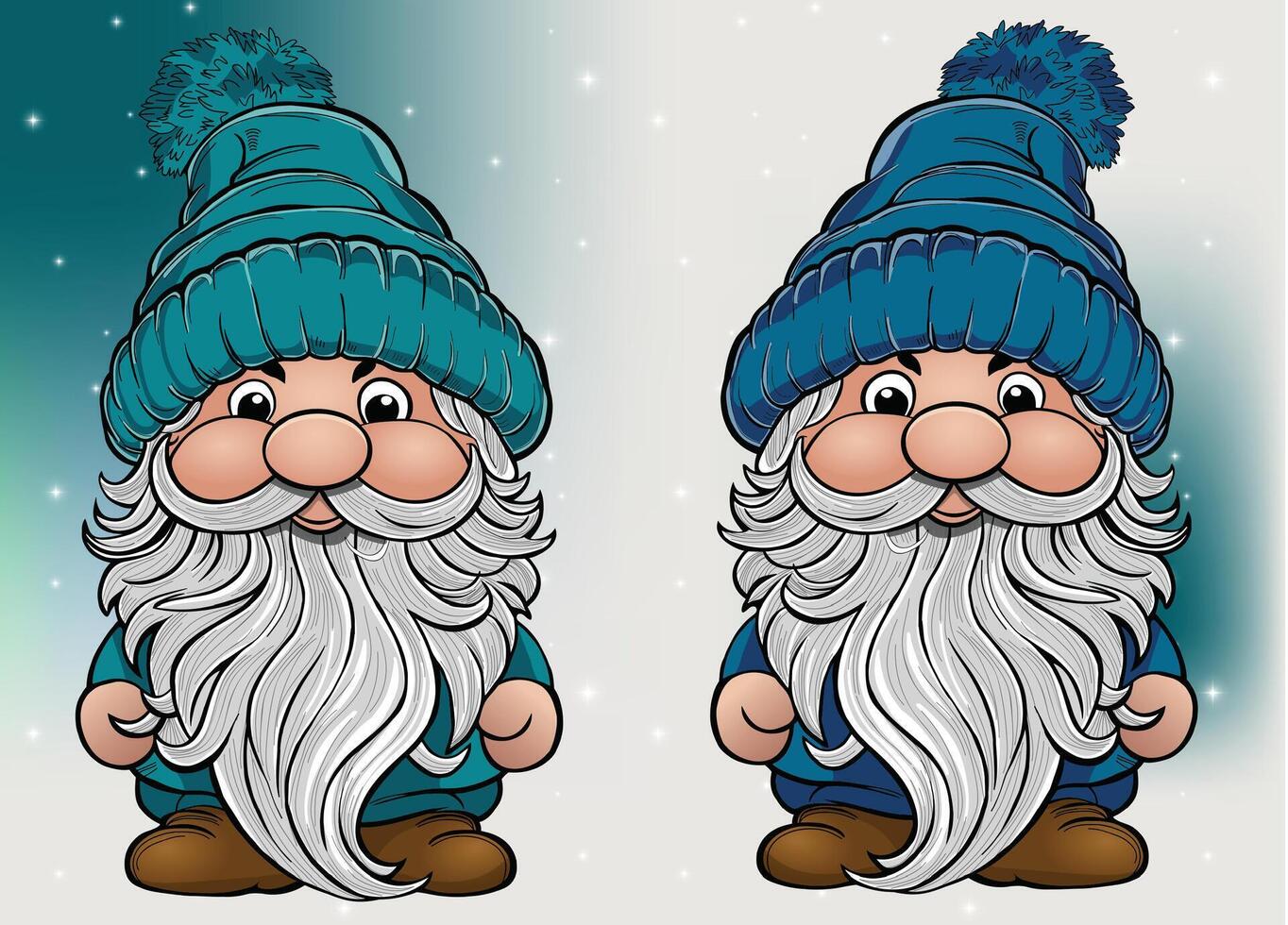 Two cute festive gnomes on a snowy backdrop. vector