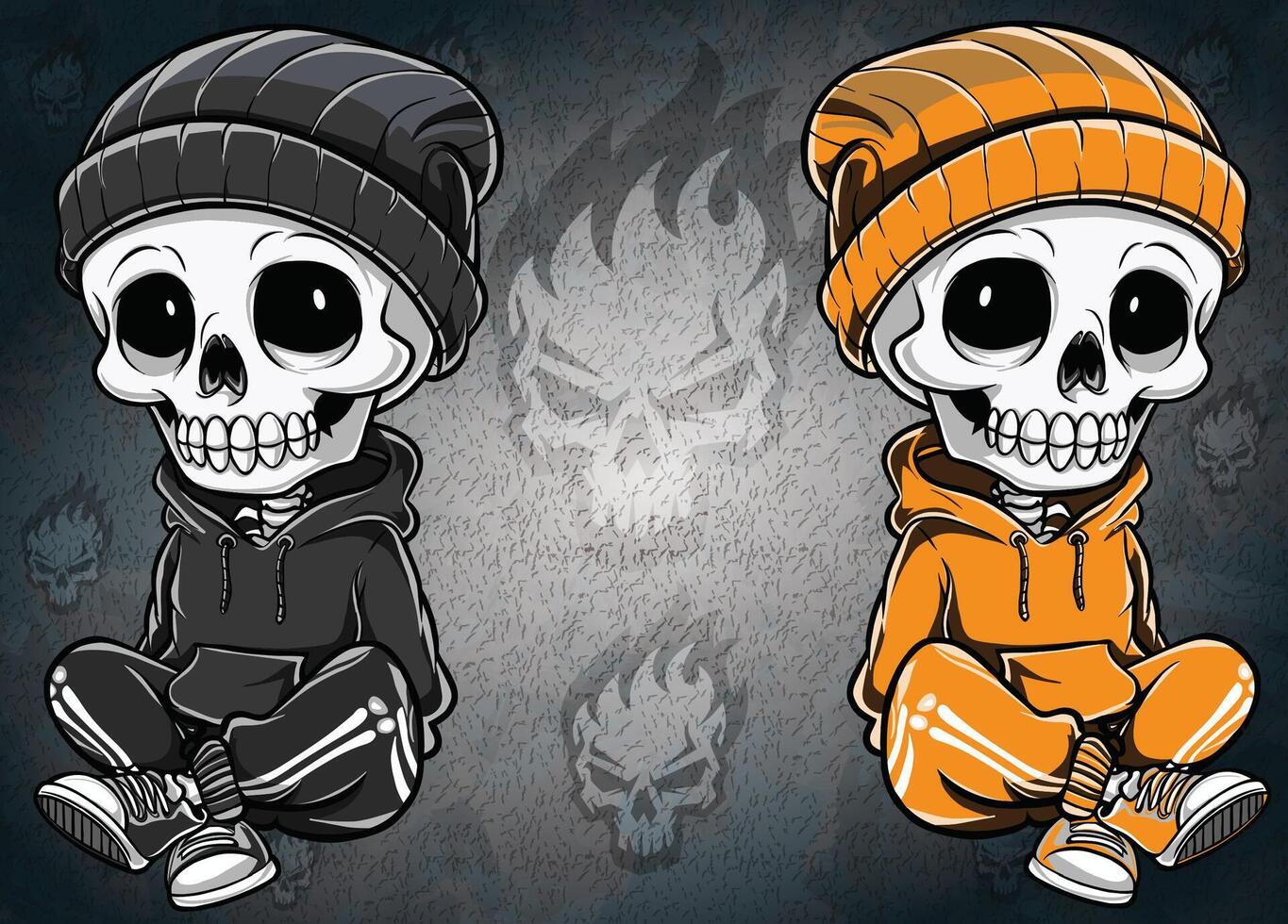 A hoodie-wearing skeleton with a beanie, relaxing in a sitting position. vector