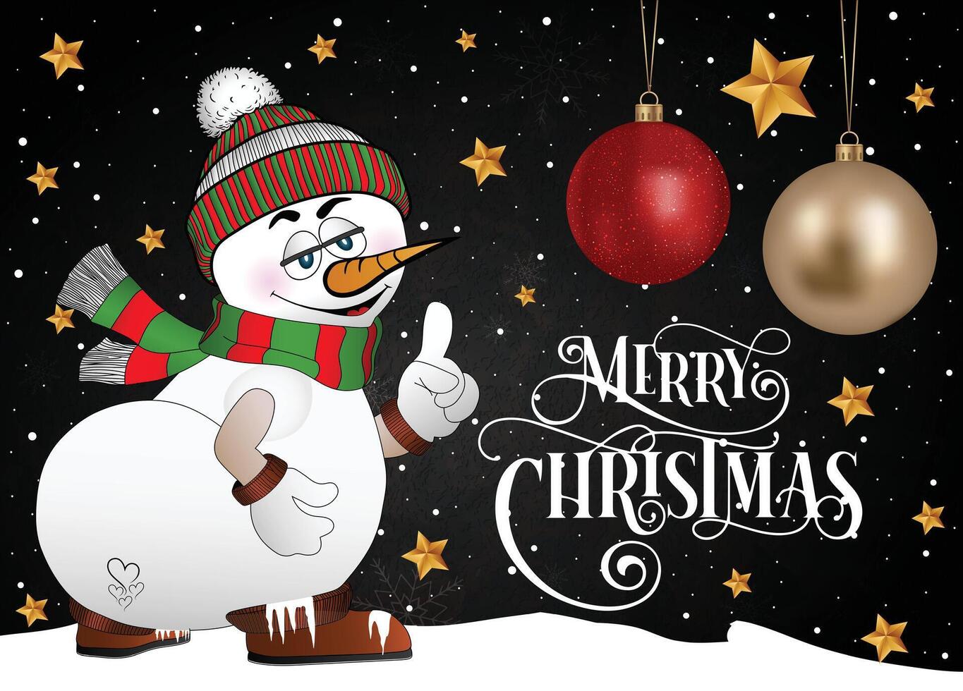 A festive snowman with a cheerful expression and Christmas baubles in the background. vector