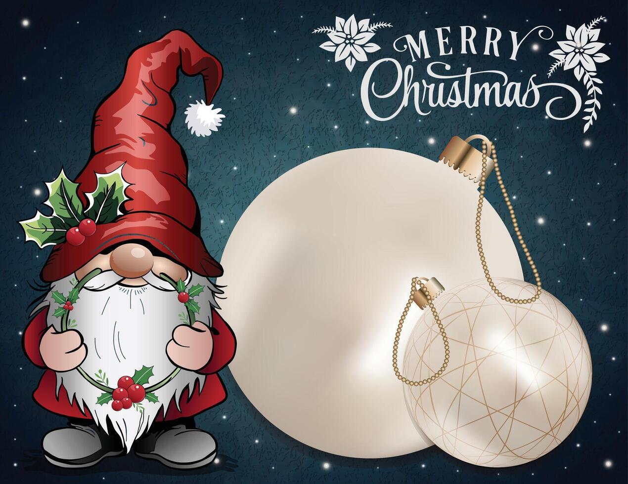 A Christmas gnome next to shiny tree decorations with a dark blue setting. vector