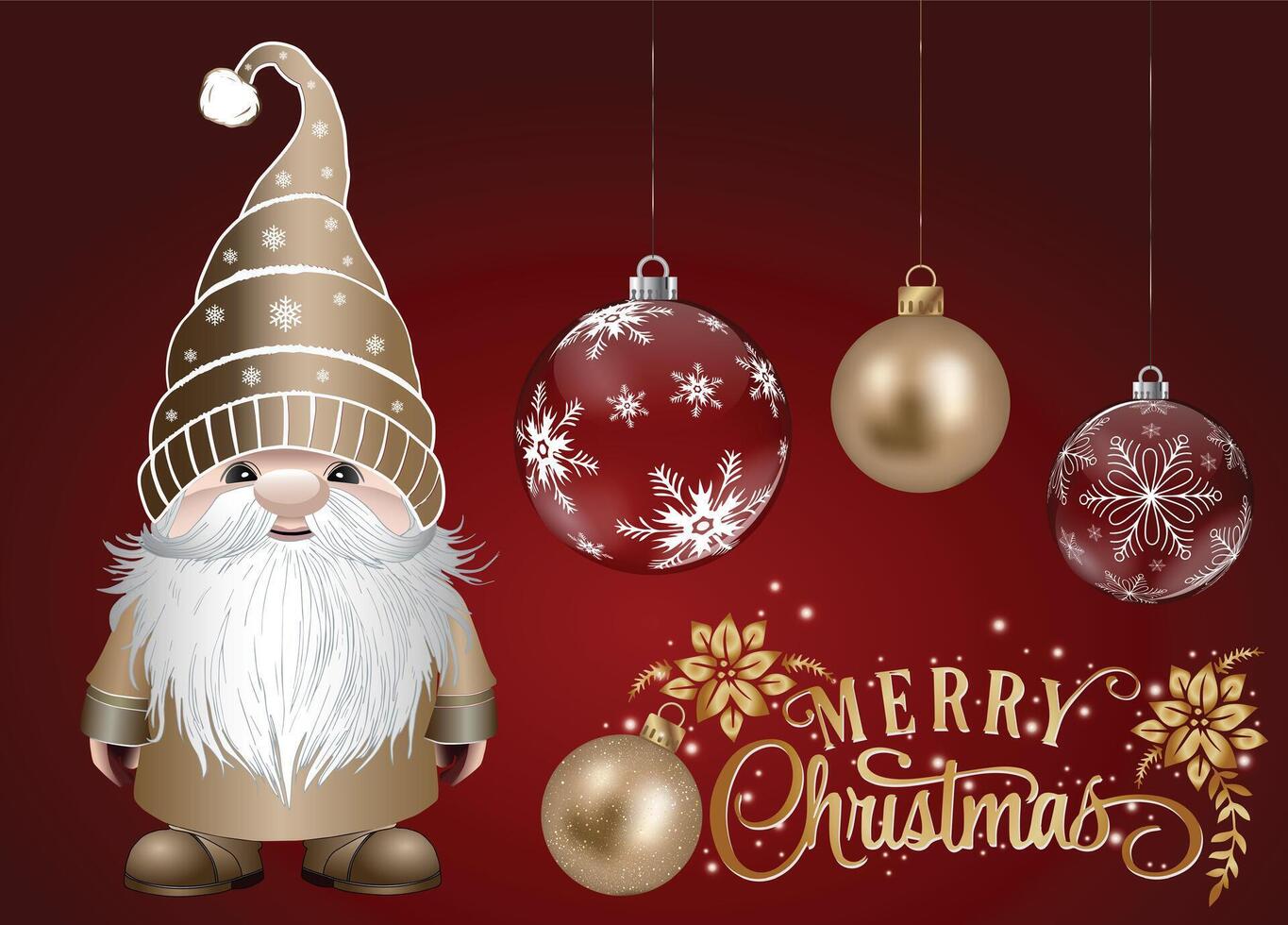 A cute little gnome standing beside holiday ornaments on a red backdrop. vector