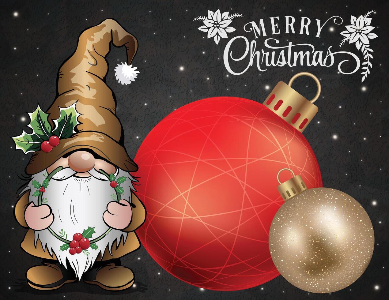 A festive gnome standing next to holiday baubles on a festive background. vector