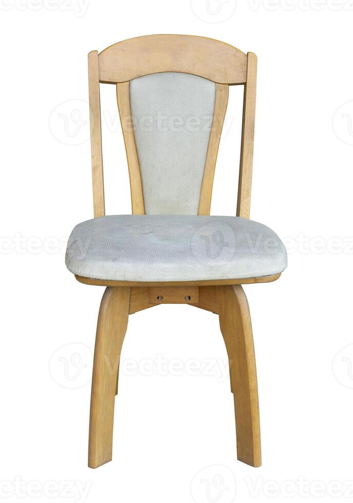 Front View of Wooden Chair with Leather Seat Isolated on White Background photo