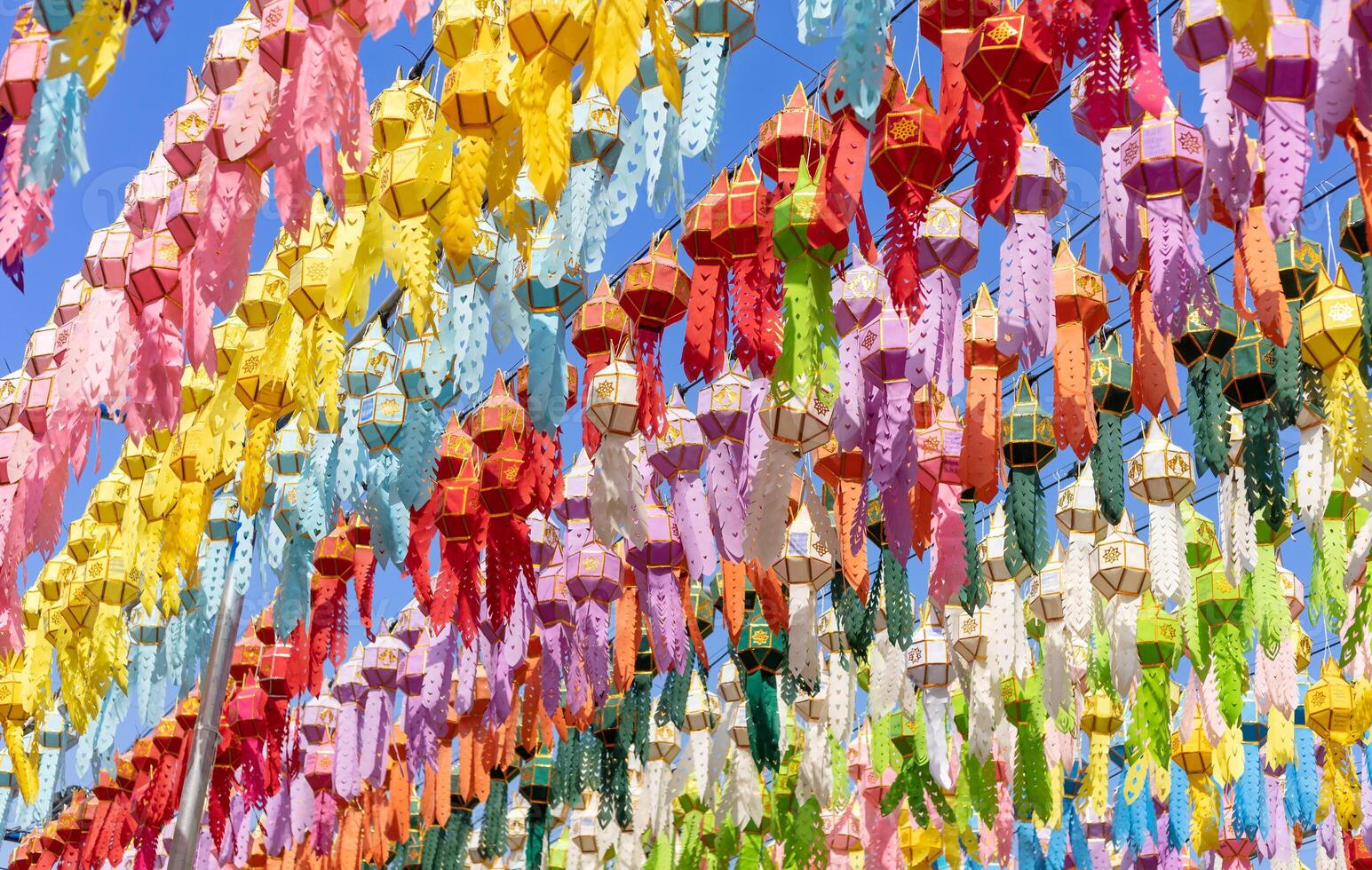 hanging lanterns lighting in loy krathong and new year festival photo