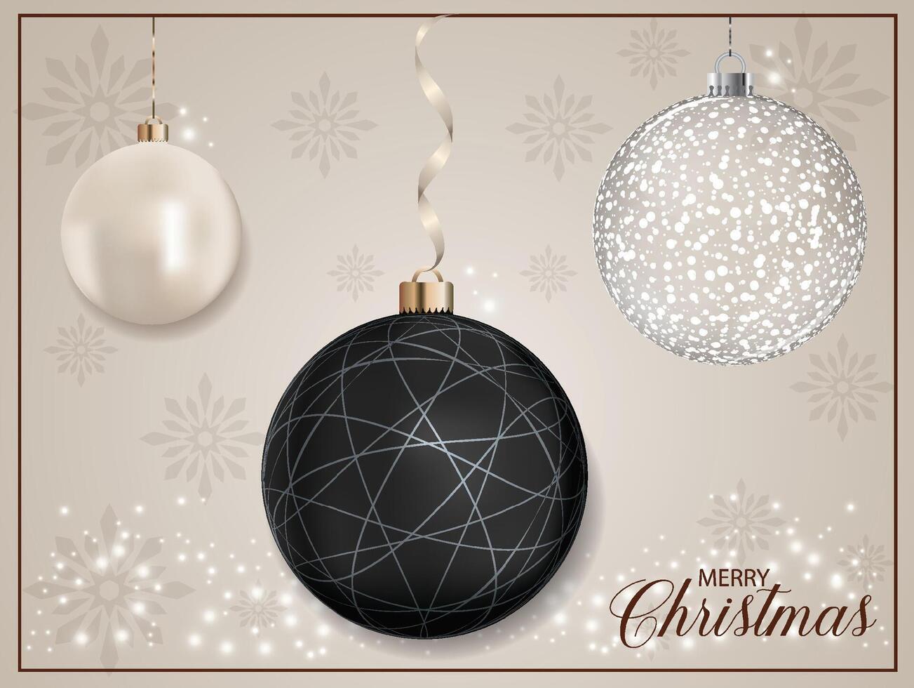 A black holiday tree ornament with a line pattern placed on a background with falling snowflakes. vector