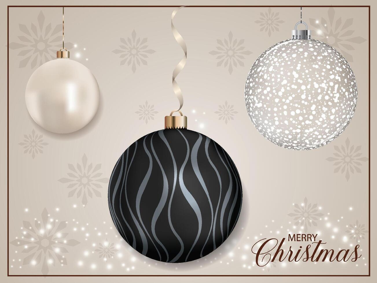 A black pearly Christmas sphere with a striped pattern set against a background with falling snowflakes. vector