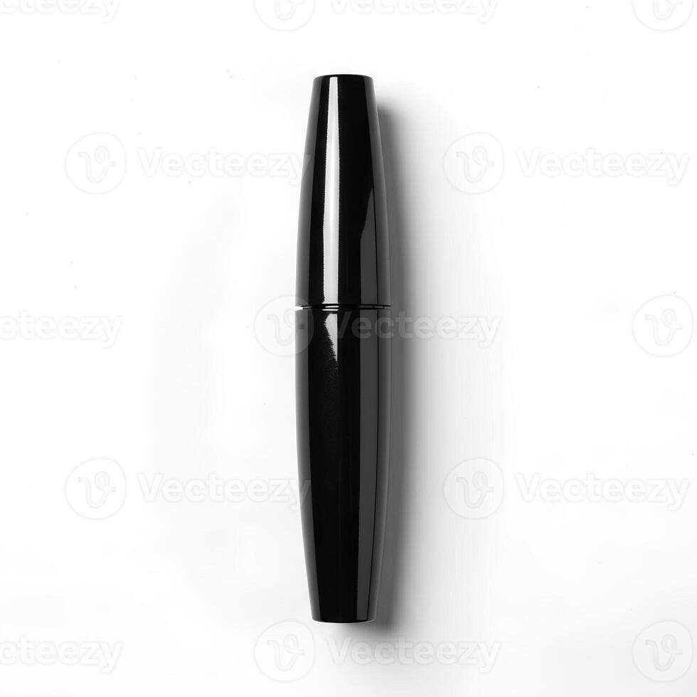 Minimalist mascara packaging with applicator brush on white background top view for cosmetic product design photo